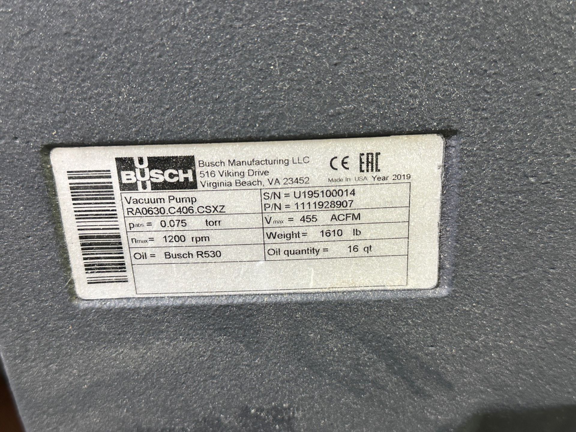 Busch R5 RA 0630 C Vacuum Pump - Model RA0630.C406.CSXZ, S/N U195100014 | Rig Fee $250 - Image 3 of 4