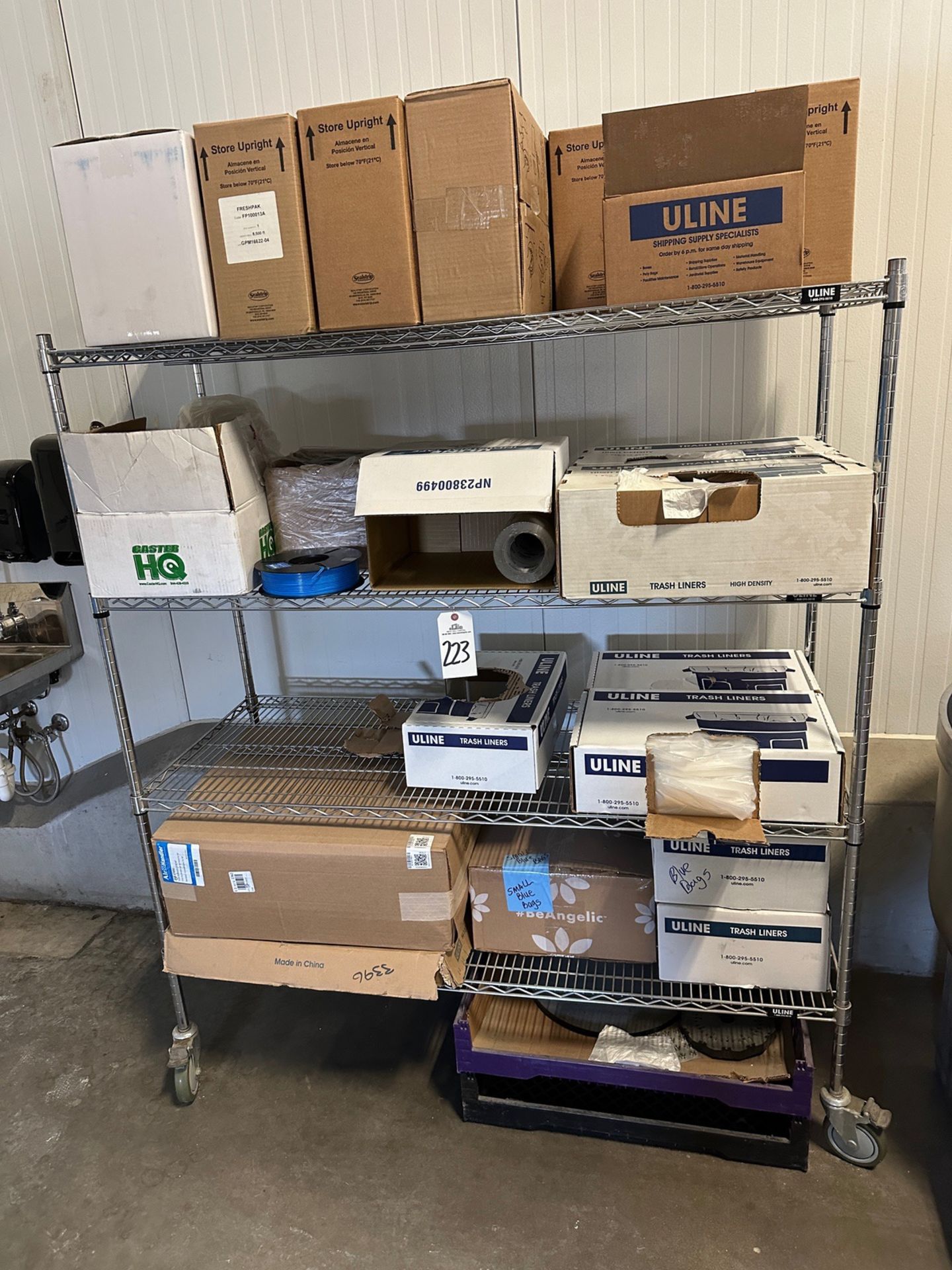 Lot of Wire Shelving Unit and Contents (Approx. 5' x 2' x 69" O.H.) | Rig Fee $25