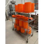 Lot of Orange Plastic Buckets and Scoops with Wire Shelving Unit (Approx. 5' x 2' x | Rig Fee $50