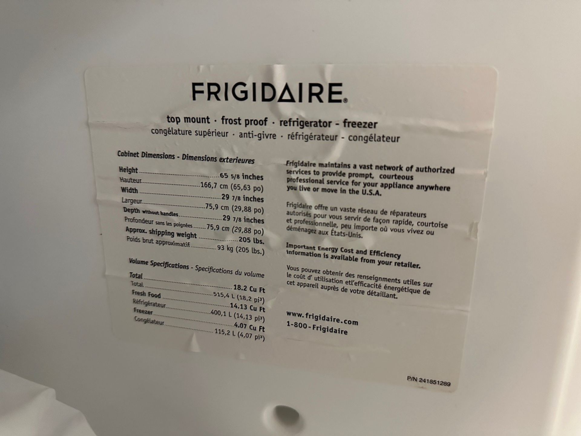 Frigidaire Refrigerator / Freezer - Model LFTR1814 LW6 | Rig Fee $125 - Image 3 of 4