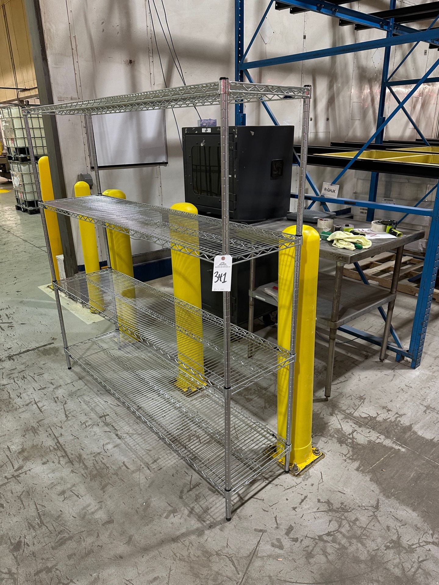 Lot of Stainless Steel Table (3' x 3'), Wire Shelving Unit (6' x 18" x 6') and Comp | Rig Fee $25