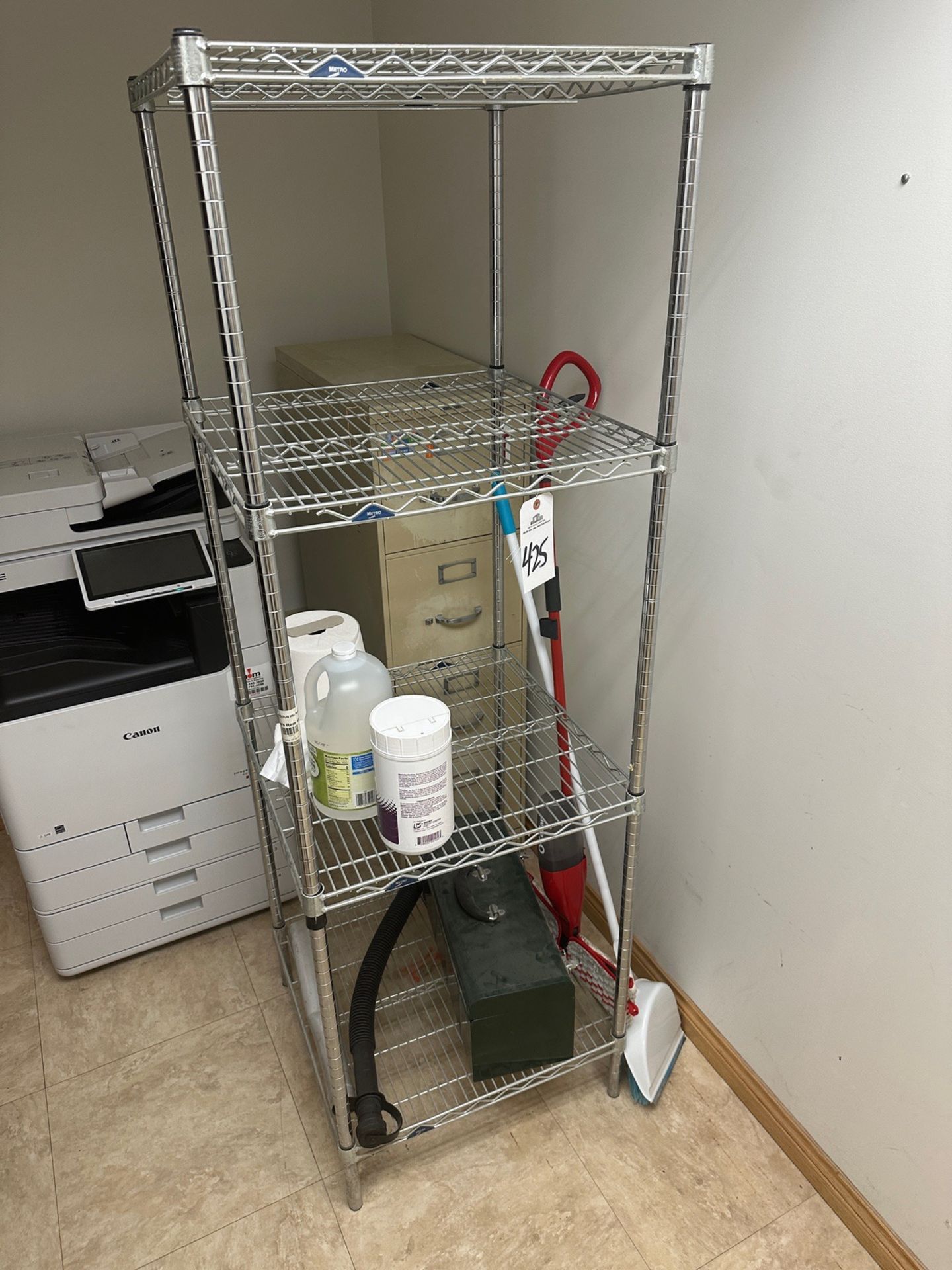 Lot of Wire Shelving Unit, Table and File Cabinet | Rig Fee $650