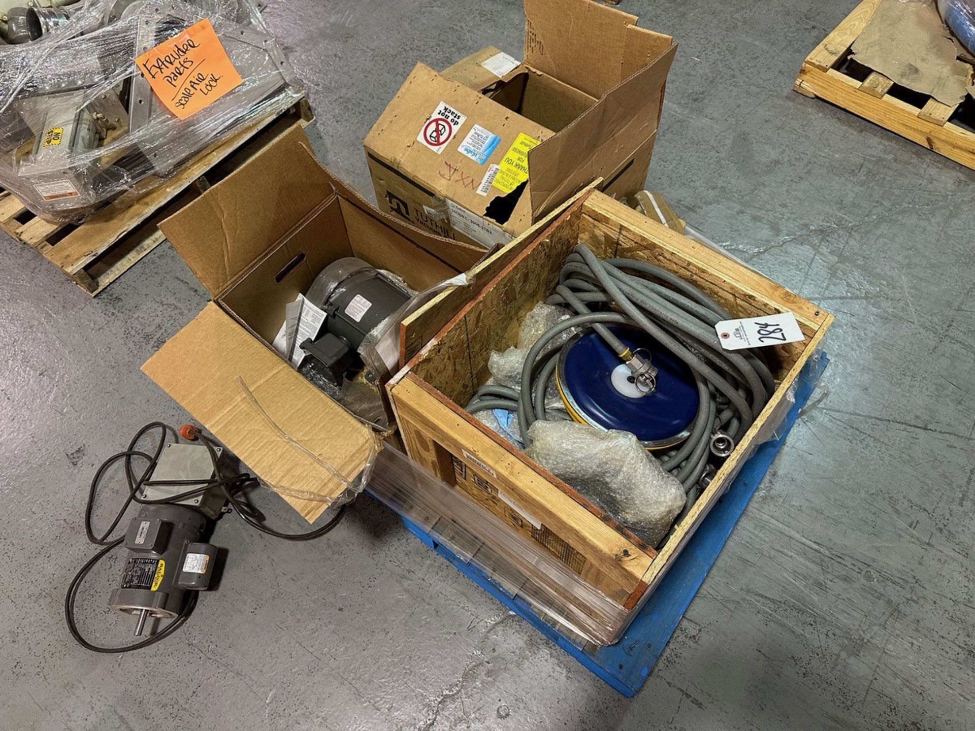 Lot of Pallet of Misc. Motors and Conveyance Belt | Rig Fee $50