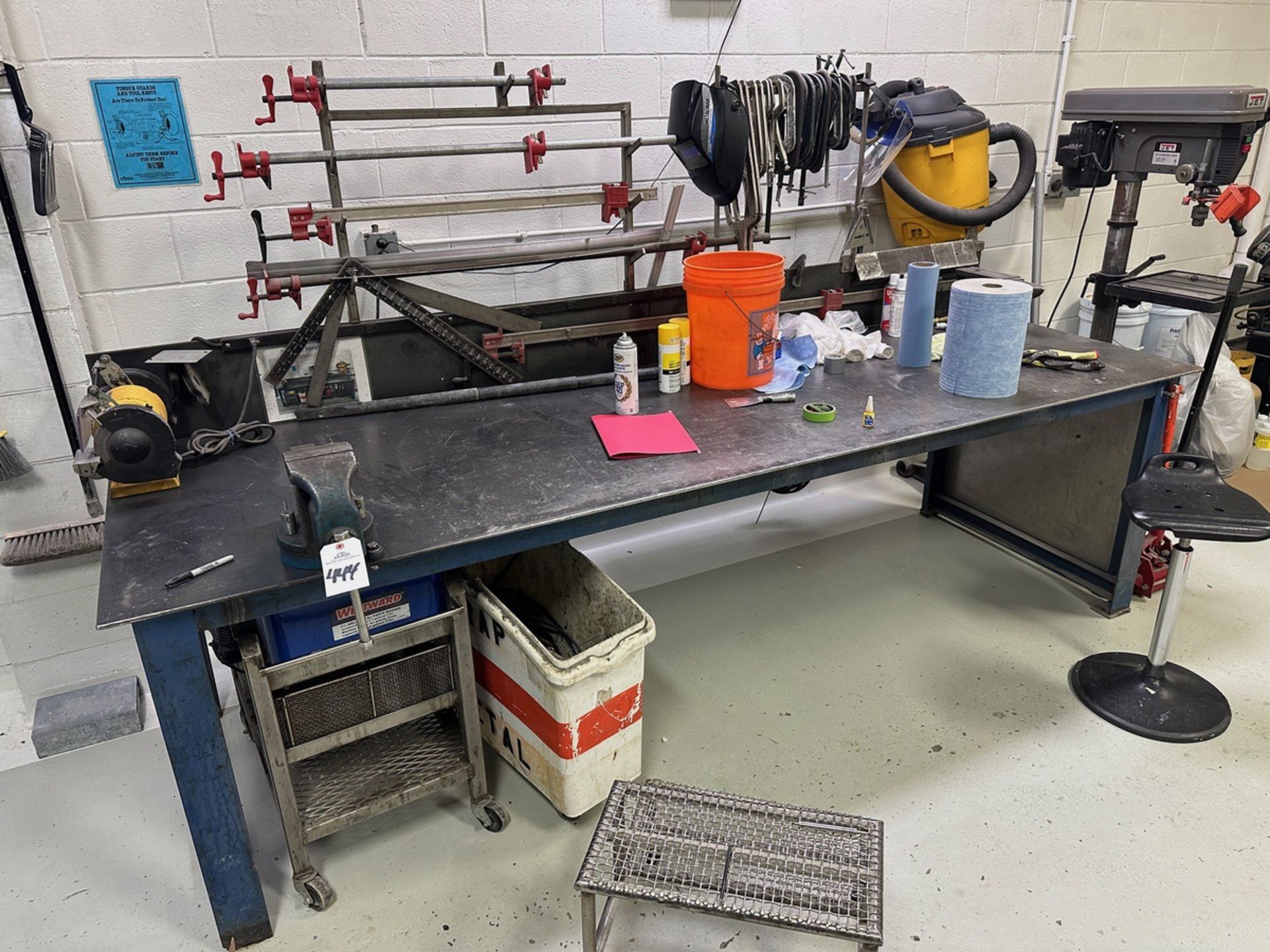 Lot of Welding Table and Contents (Approx. 38" x 10' and 3/8" Thick Top) | Rig Fee $175