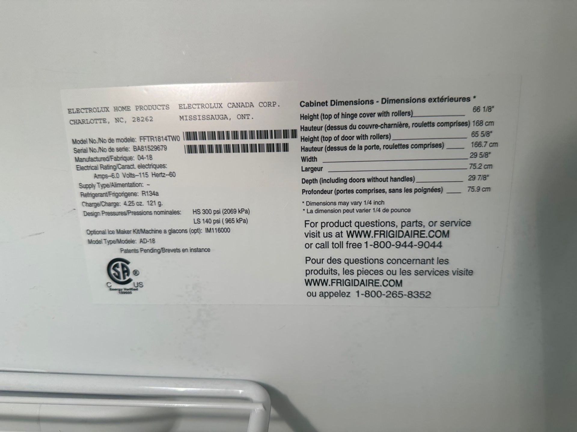 Frigidaire Refrigerator / Freezer - Model FFTR1814TWO | Rig Fee $175 - Image 3 of 3