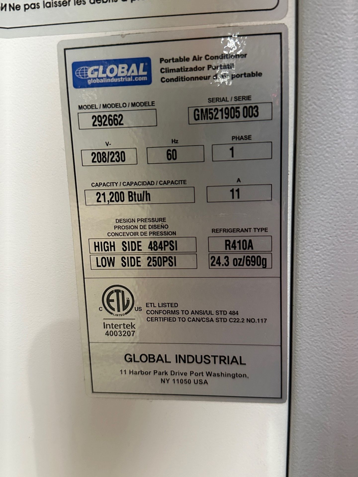 Global Portable A/C Unit - Model 292662 | Rig Fee $35 - Image 2 of 2