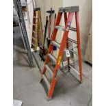 Lot of (2) 6' Fiberglass Step Ladders with Brooms and Wall Rack | Rig Fee $50