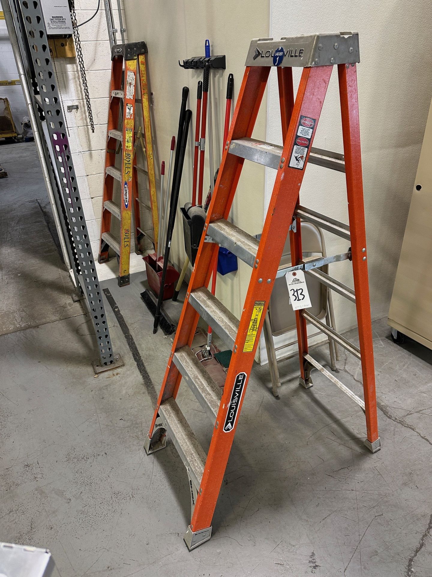 Lot of (2) 6' Fiberglass Step Ladders with Brooms and Wall Rack | Rig Fee $50