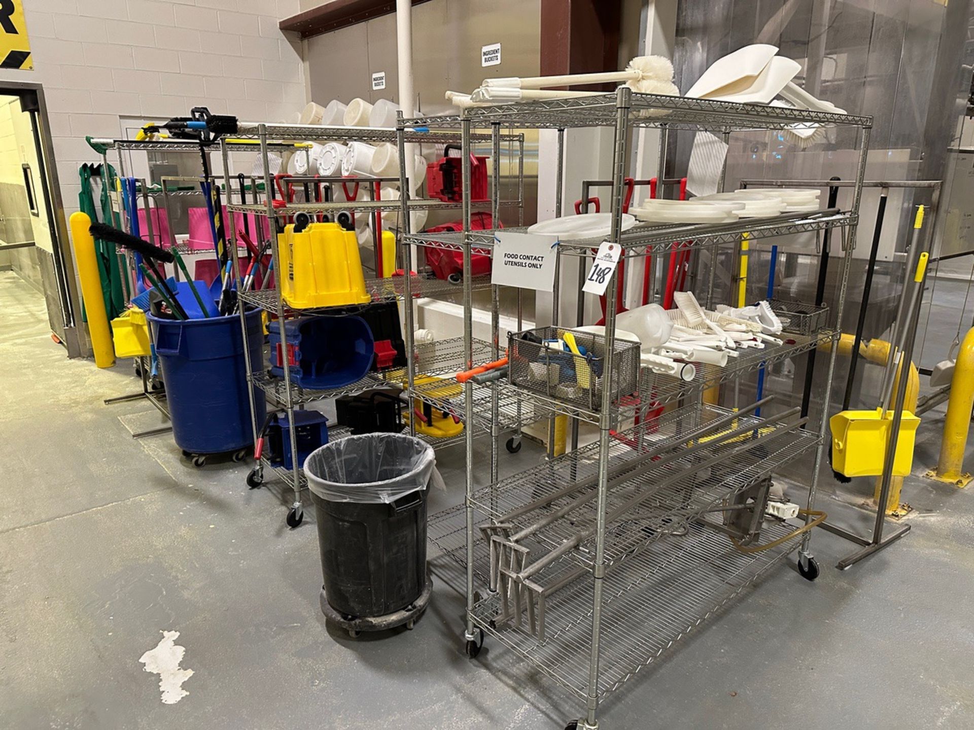 Lot of Janitorial Supplies with Wire Shelving Units