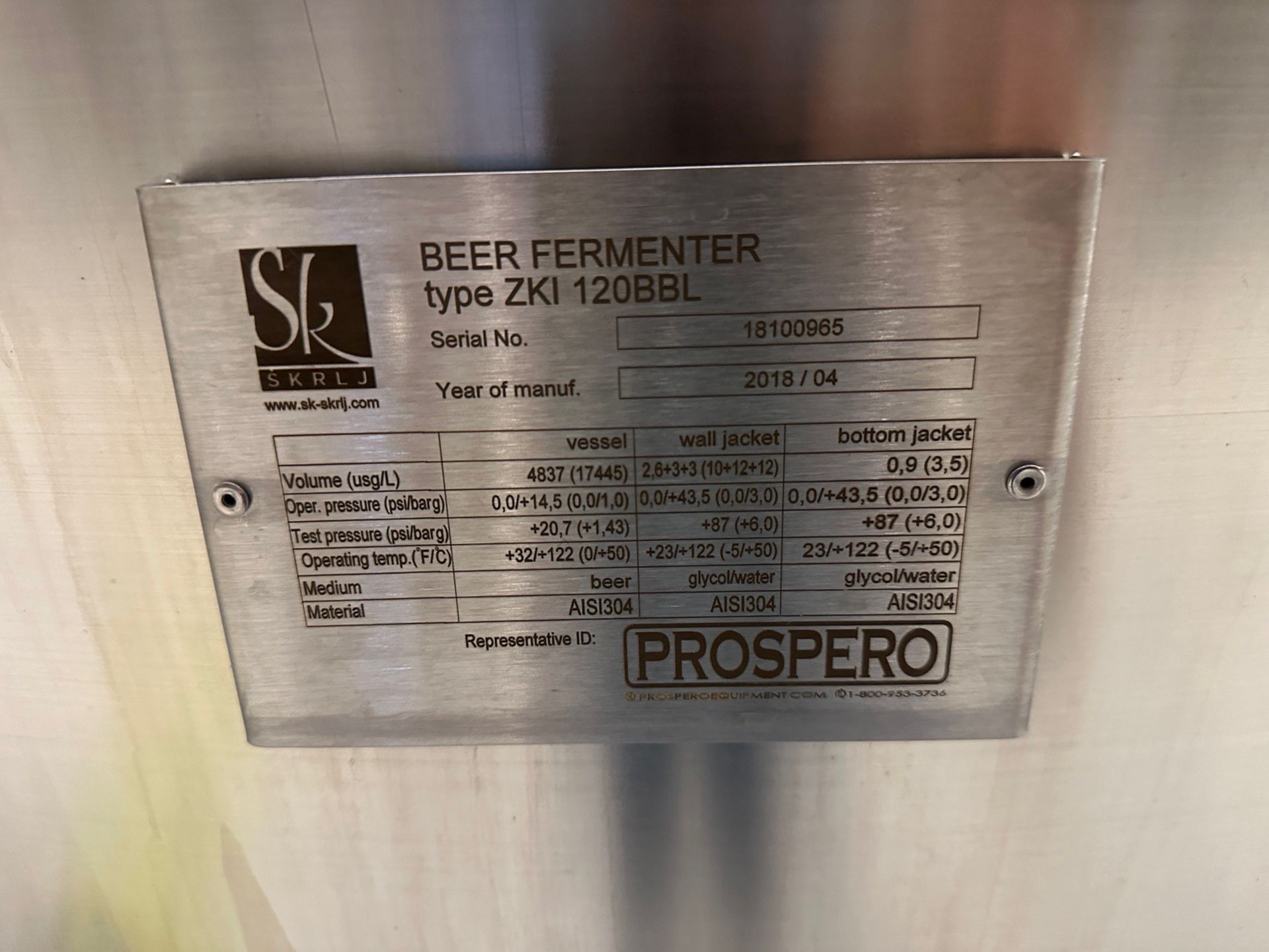 (1 of 2) 2018 Prospero 120 BBL FV / 149 BBL or 4600 Gal Max Cap. Fermentation Tank | Rig Fee $2510 - Image 3 of 4