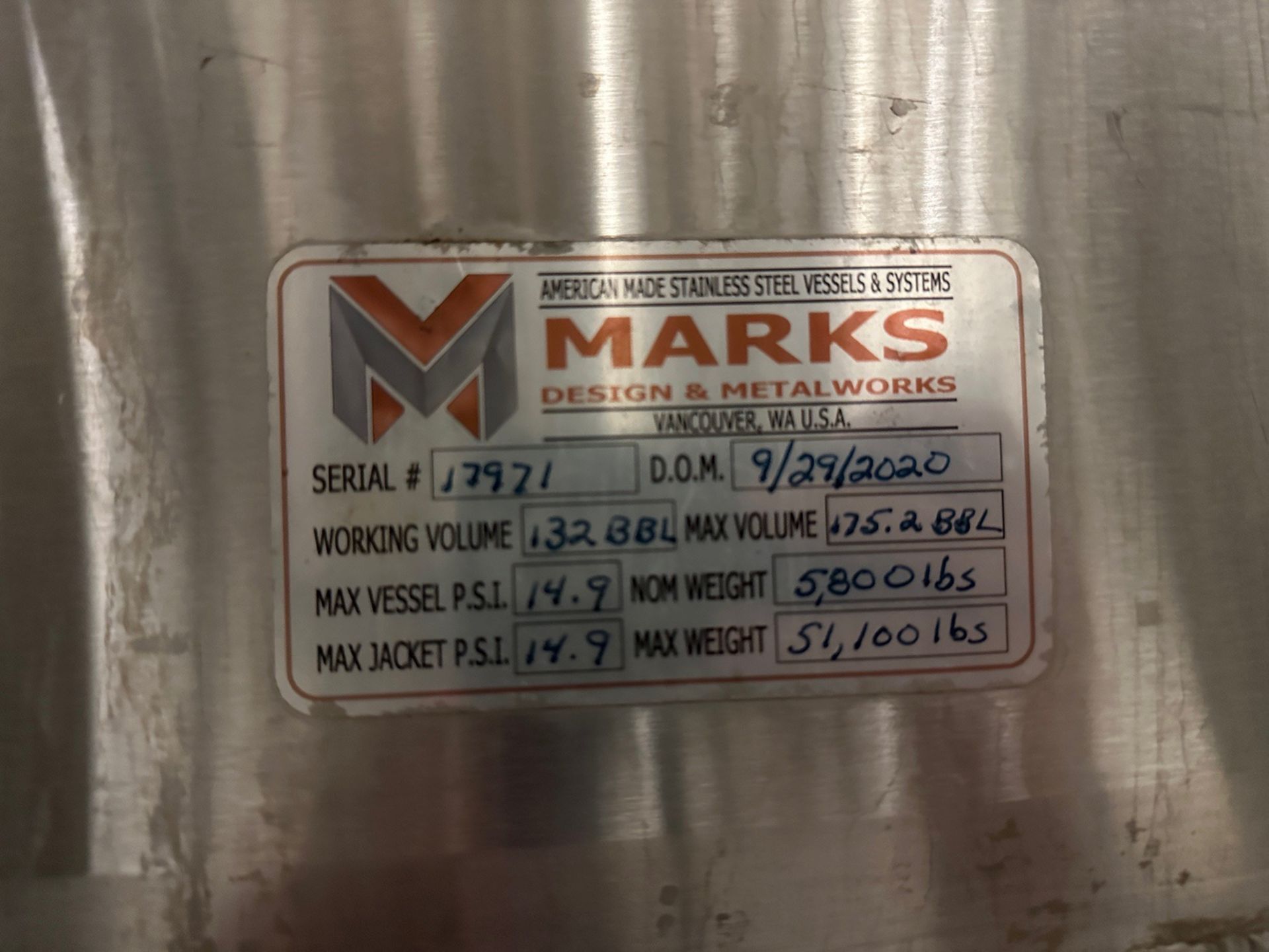 (1 of 8) 2020 Marks 132 BBL FV / 175 BBL or 5400 Gal Max Capacity Fermentation Tank | Rig Fee $2620 - Image 4 of 4