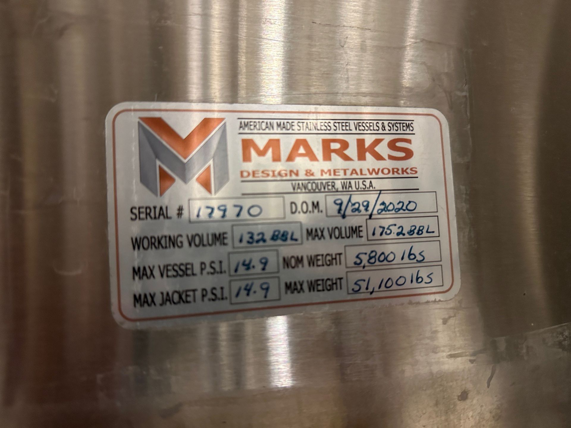 (1 of 8) 2020 Marks 132 BBL FV / 175 BBL or 5400 Gal Max Capacity Fermentation Tank | Rig Fee $2620 - Image 4 of 4