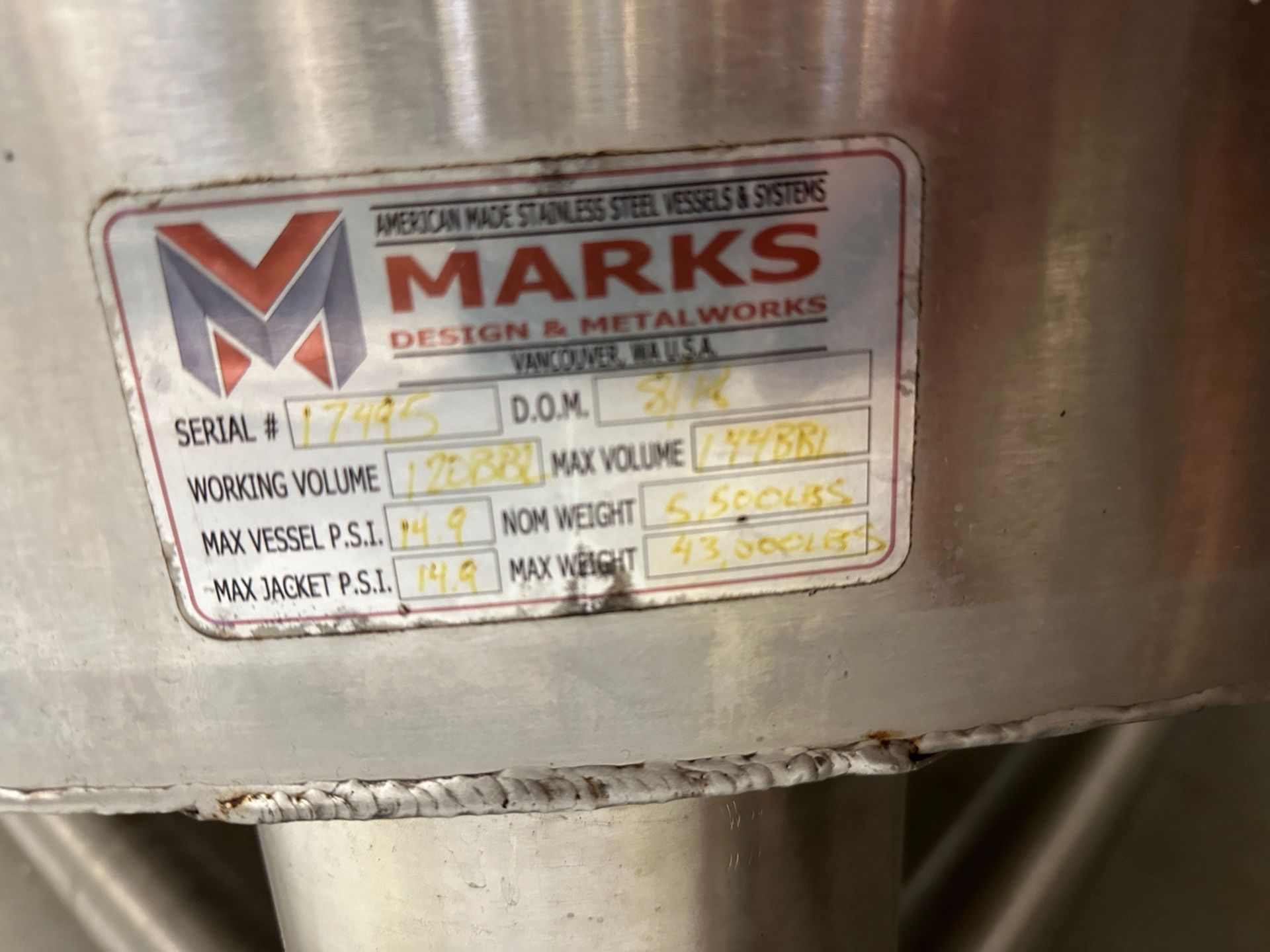 (1 of 2) 2018 Marks 120BBL Brite / 144 BBL or 4,400 Gal Max Capacity Brite Tank, Ja | Rig Fee $2510 - Image 3 of 3