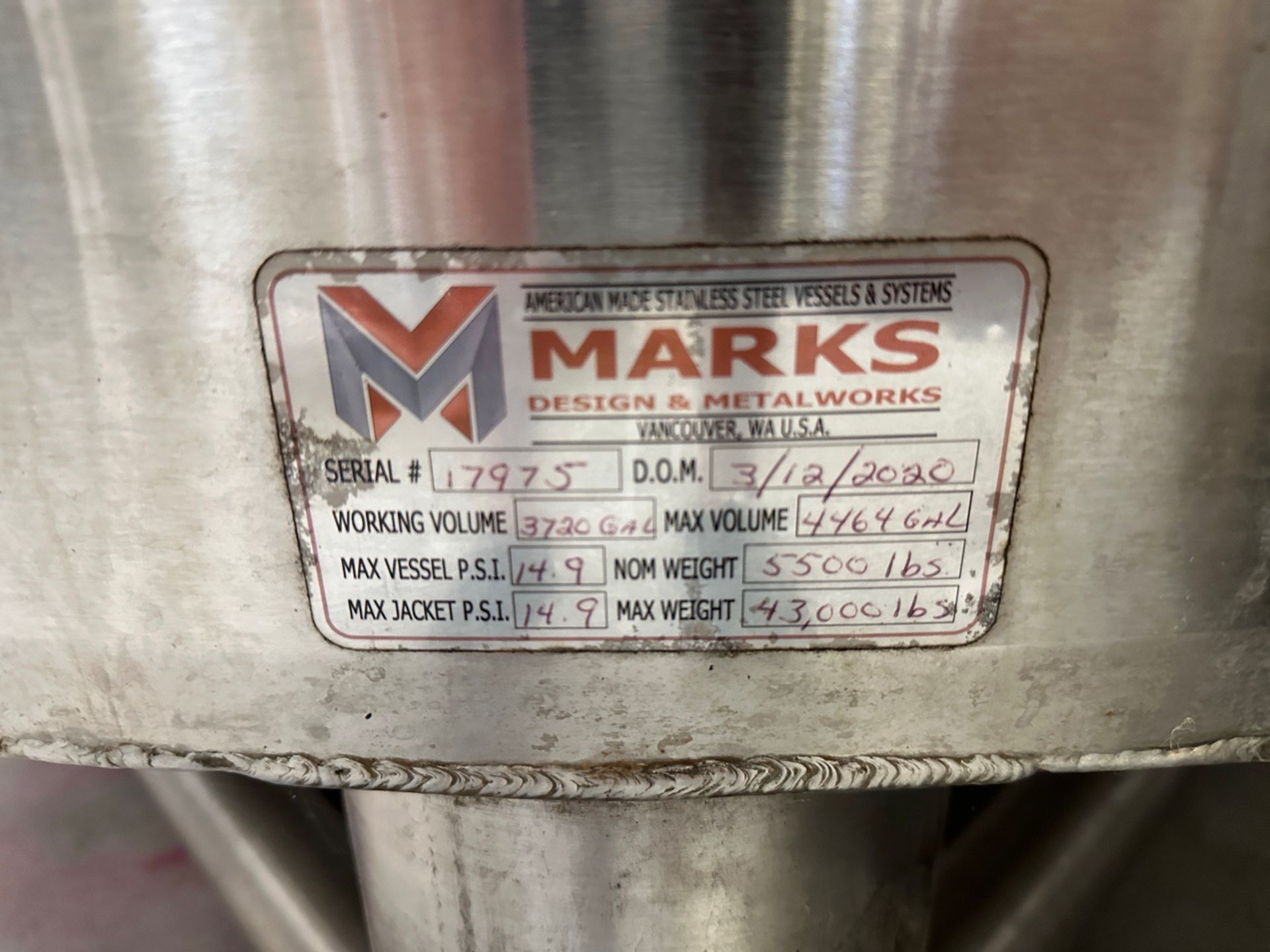 (1 of 2) 2020 Marks 120BBL Brite / 144 BBL or 4,400 Gal Max Capacity Brite Tank, Ja | Rig Fee $2510 - Image 3 of 3