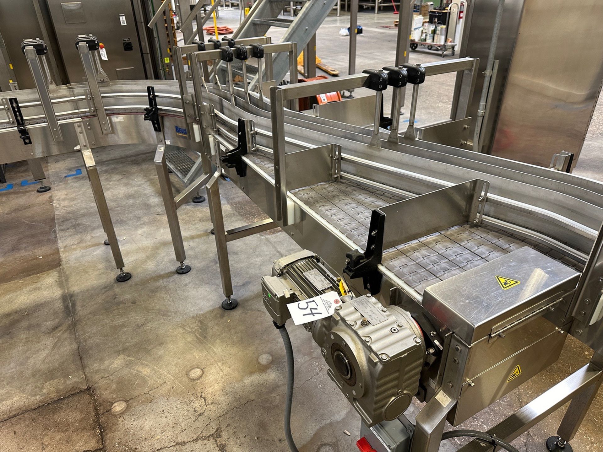 Bevco Conveyor over Stainless Steel Frame (Approx. (5) 3.25" Belts x 25' to Laning and Packoff Conve