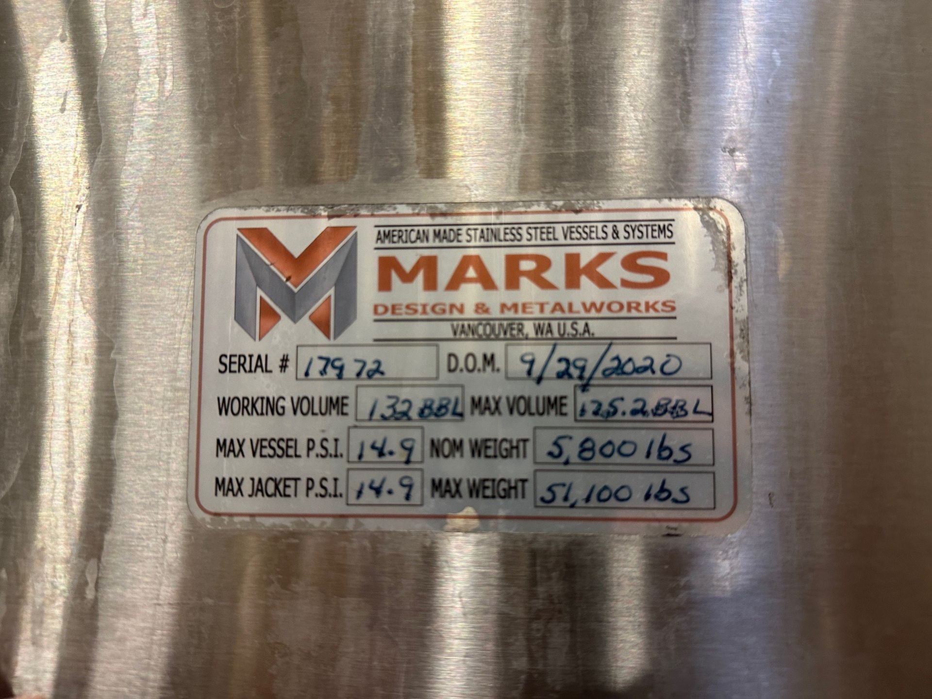 (1 of 8) 2020 Marks 132 BBL FV / 175 BBL or 5400 Gal Max Capacity Fermentation Tank | Rig Fee $2620 - Image 4 of 4