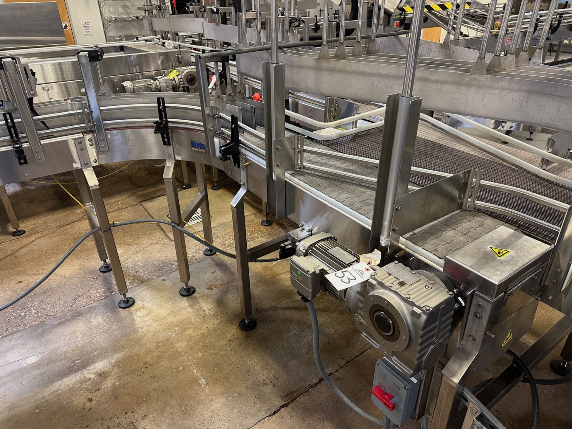 Bevco Conveyor over Stainless Steel Frame (Approx. (4) 3.25" Belts x 16' with 90 Degree Turn)