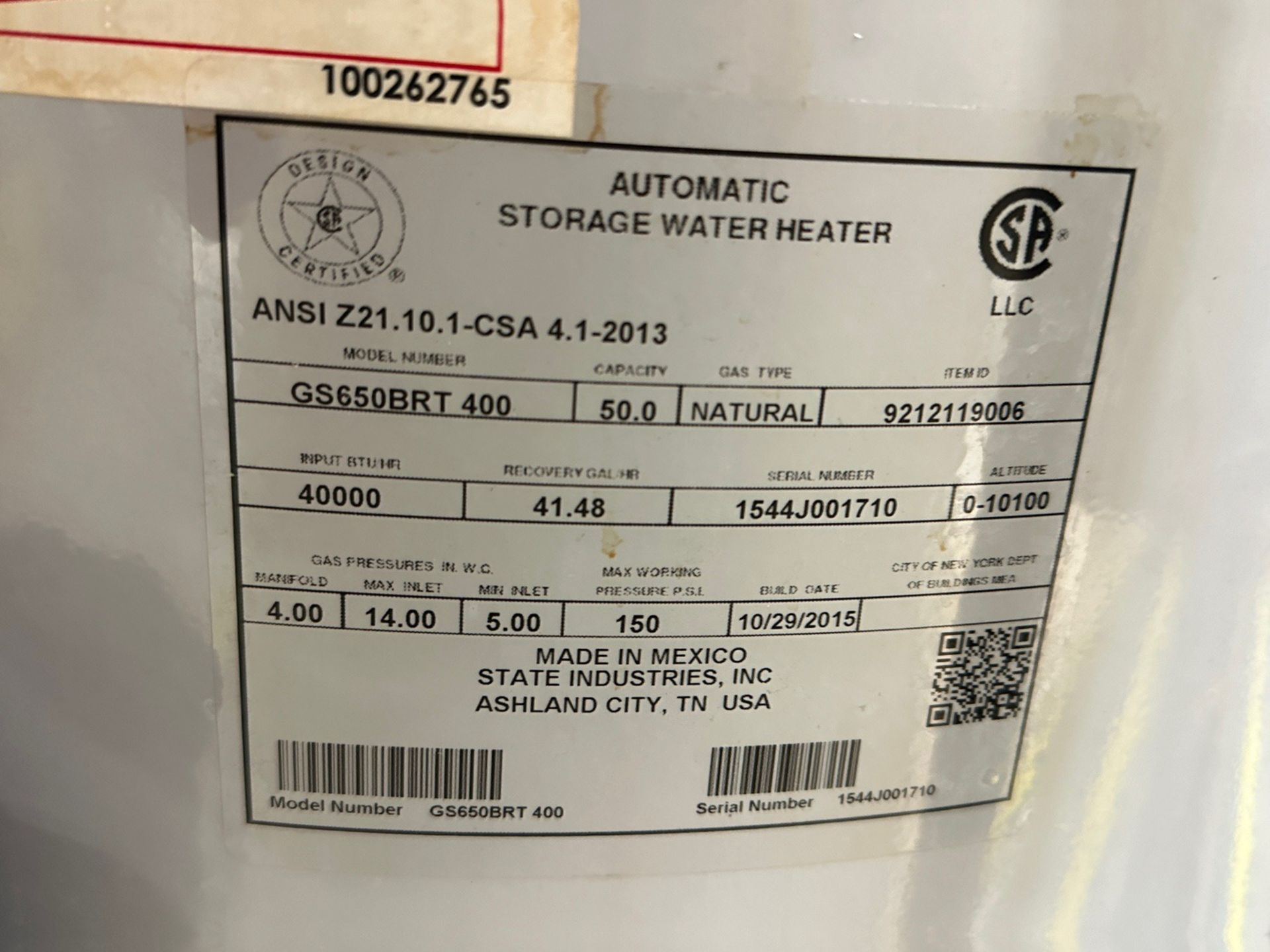 State Select 50 Gallon Water Heater - Model GS650BRT 400 - Bild 2 aus 3