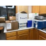 Lot of Lab Equipment, Syringes, Coolers, Rubber Gloves, Hair Nets, Ear Plugs and Bags (Cabinets