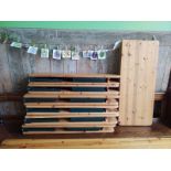 {LOT} (5) Wood Top Metal Frame Tables Approx 21" x 21", (6) Benches & 10 Chairs