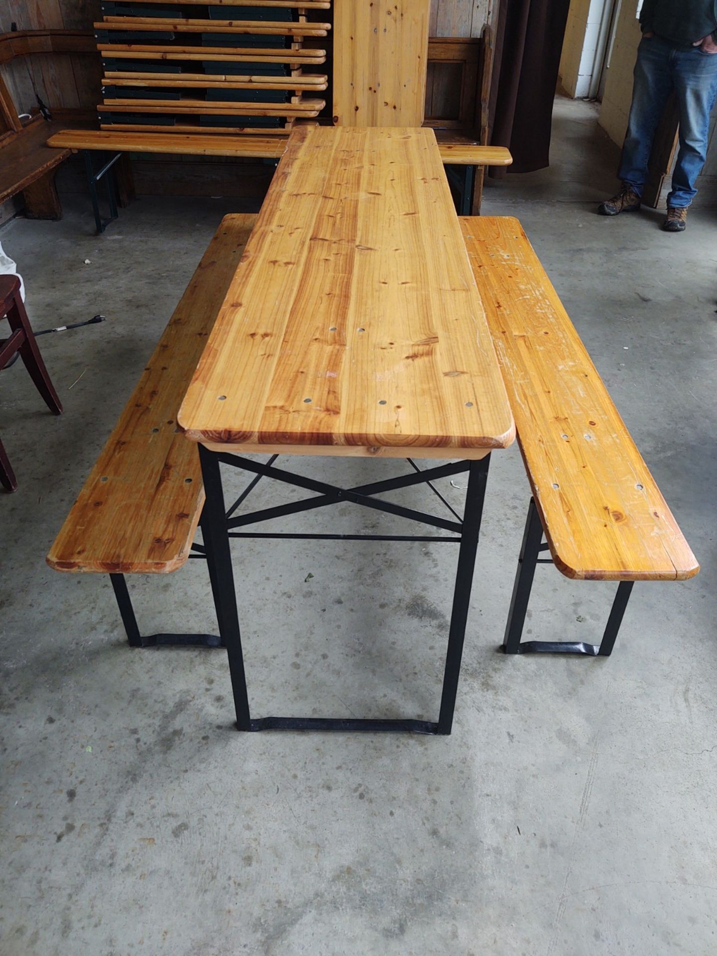 {LOT} (4) Custom Metal Frame Folding Wood Bench & Table 86" x 17"