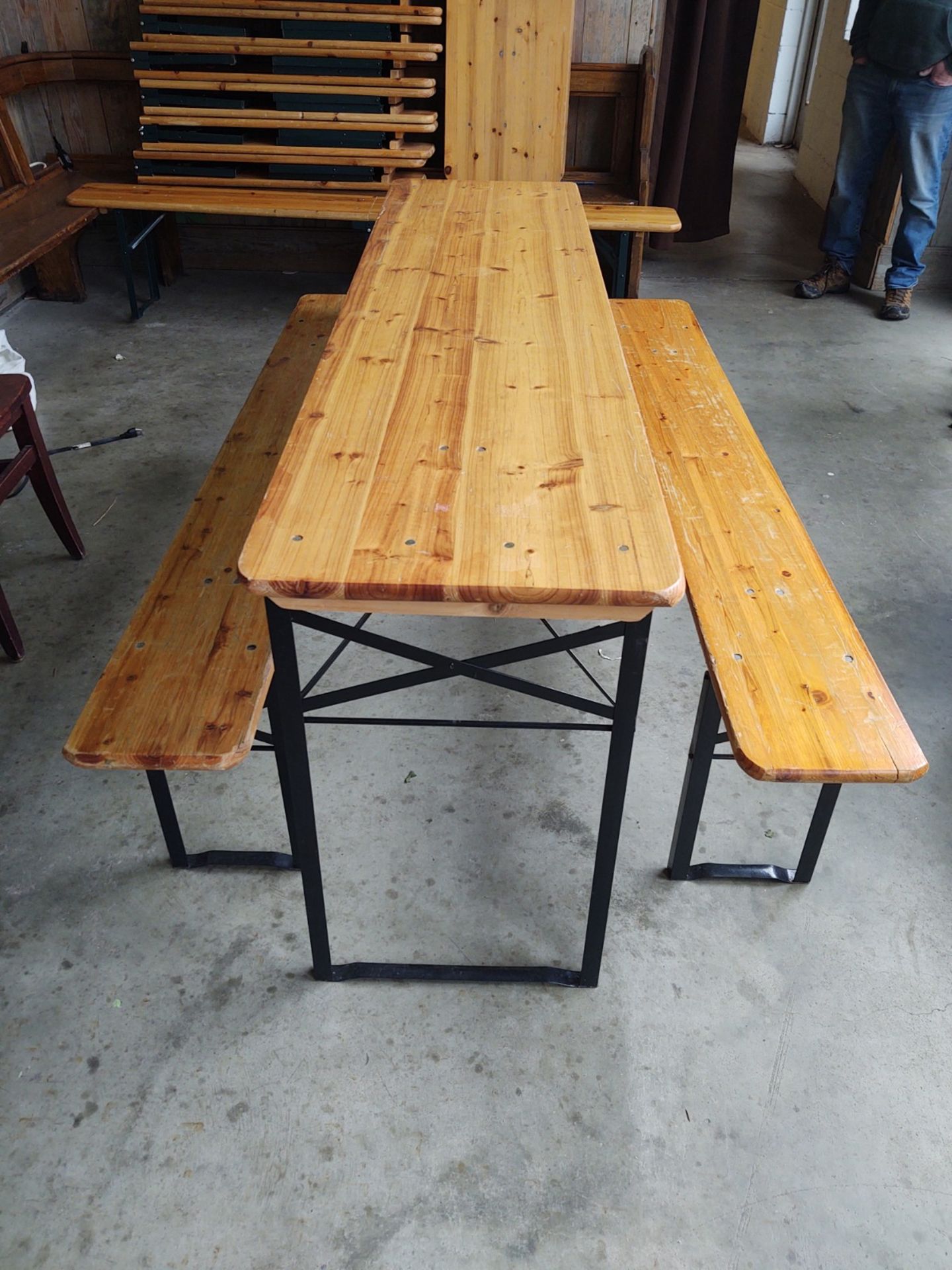 {LOT} (2) Custom Metal Frame Folding Wood Bench & Table 86" x 17"