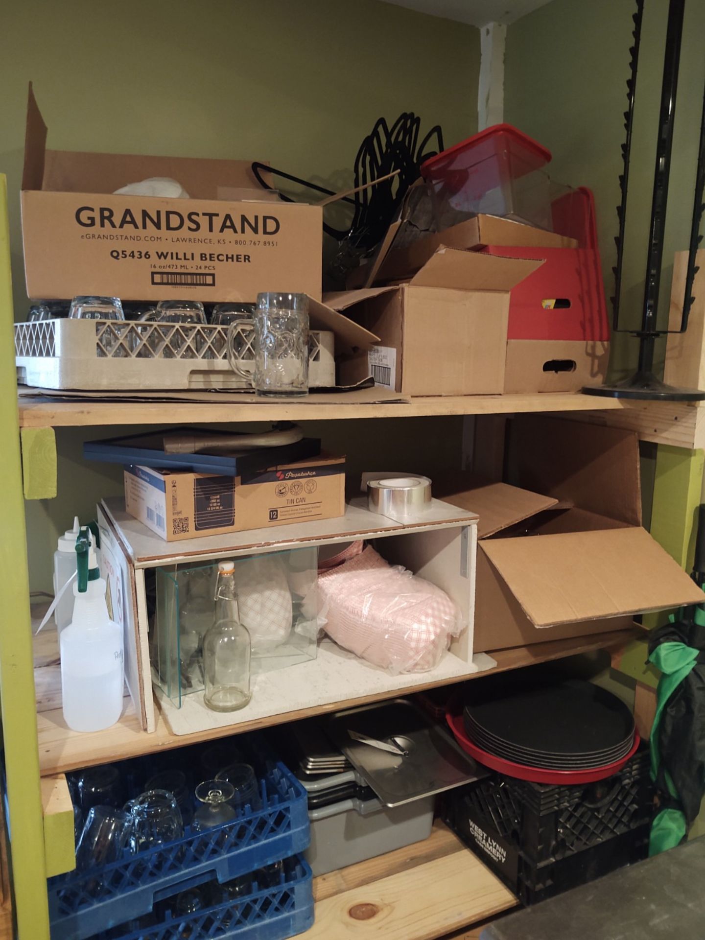 (Lot) Wood Shelving w/ contents C/O: Glassware, Treys In One Area. - Image 2 of 3