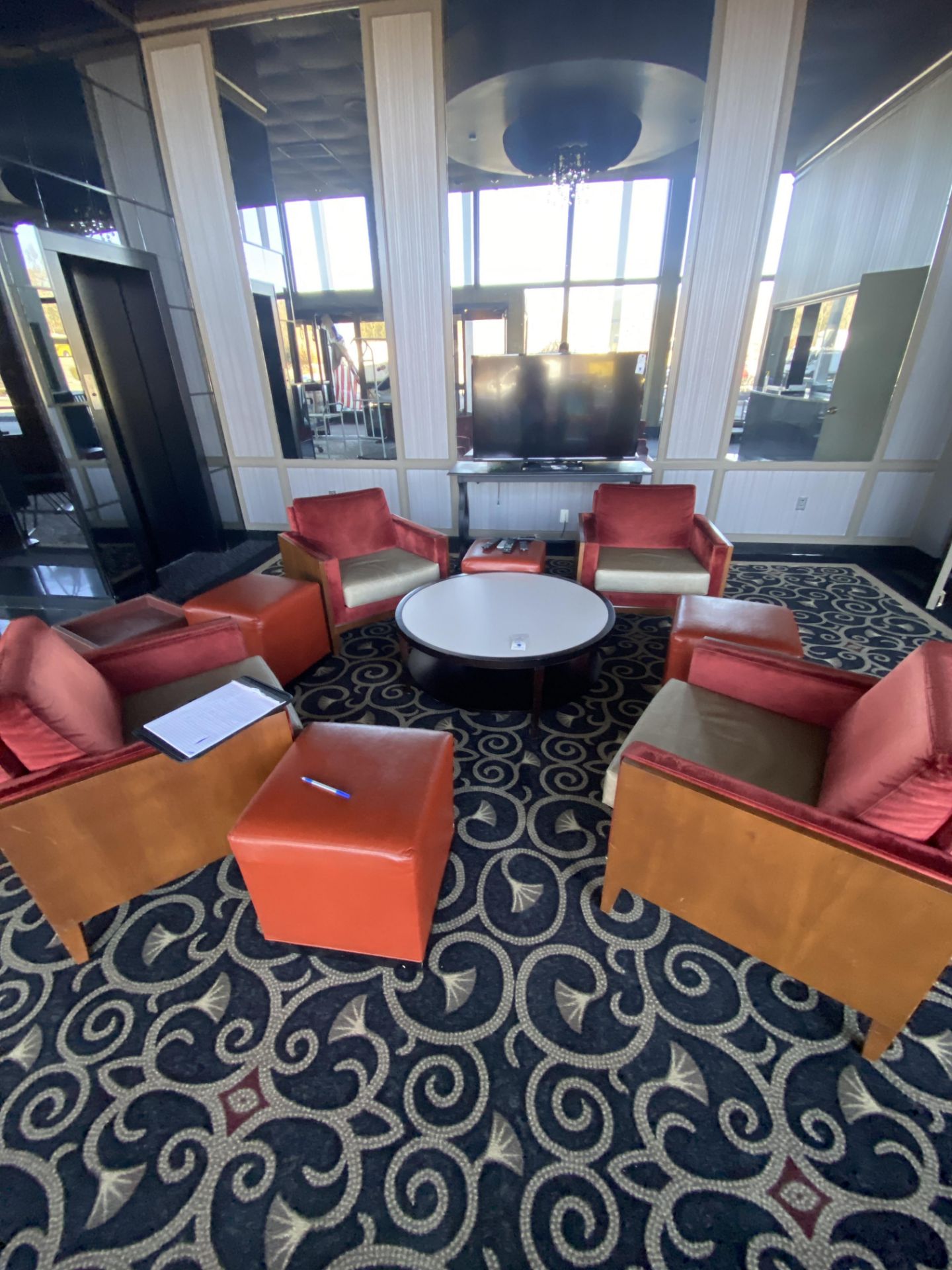 {LOT} Lobby Furniture Setup c/o: 4 Arm chairs 4 ottomans, Approx 4 ...