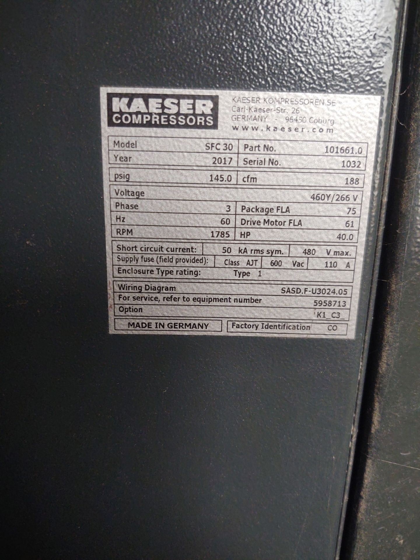 2017 Kaeser SFC30 Sigma, 40Hp, 3 Phase Rotary Screw Air Compressor, w/ Run Time: 20,073hrs, Load - Image 4 of 4