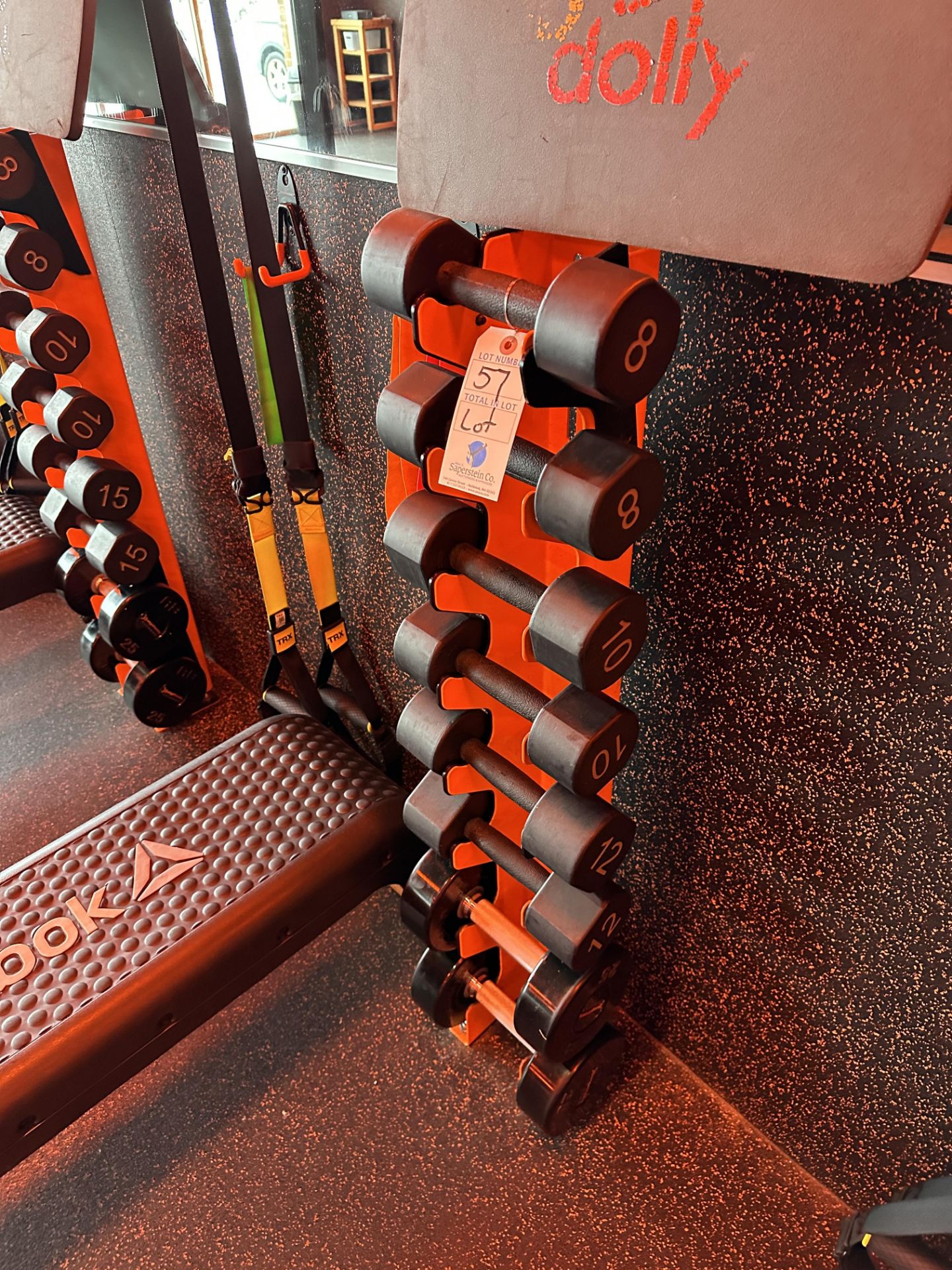 {LOT} American Barbell Weight Set (Pairs of Weights 8, 10, 12 & 25Lb.) w/Weight Tree, Reebok Step - Image 2 of 2