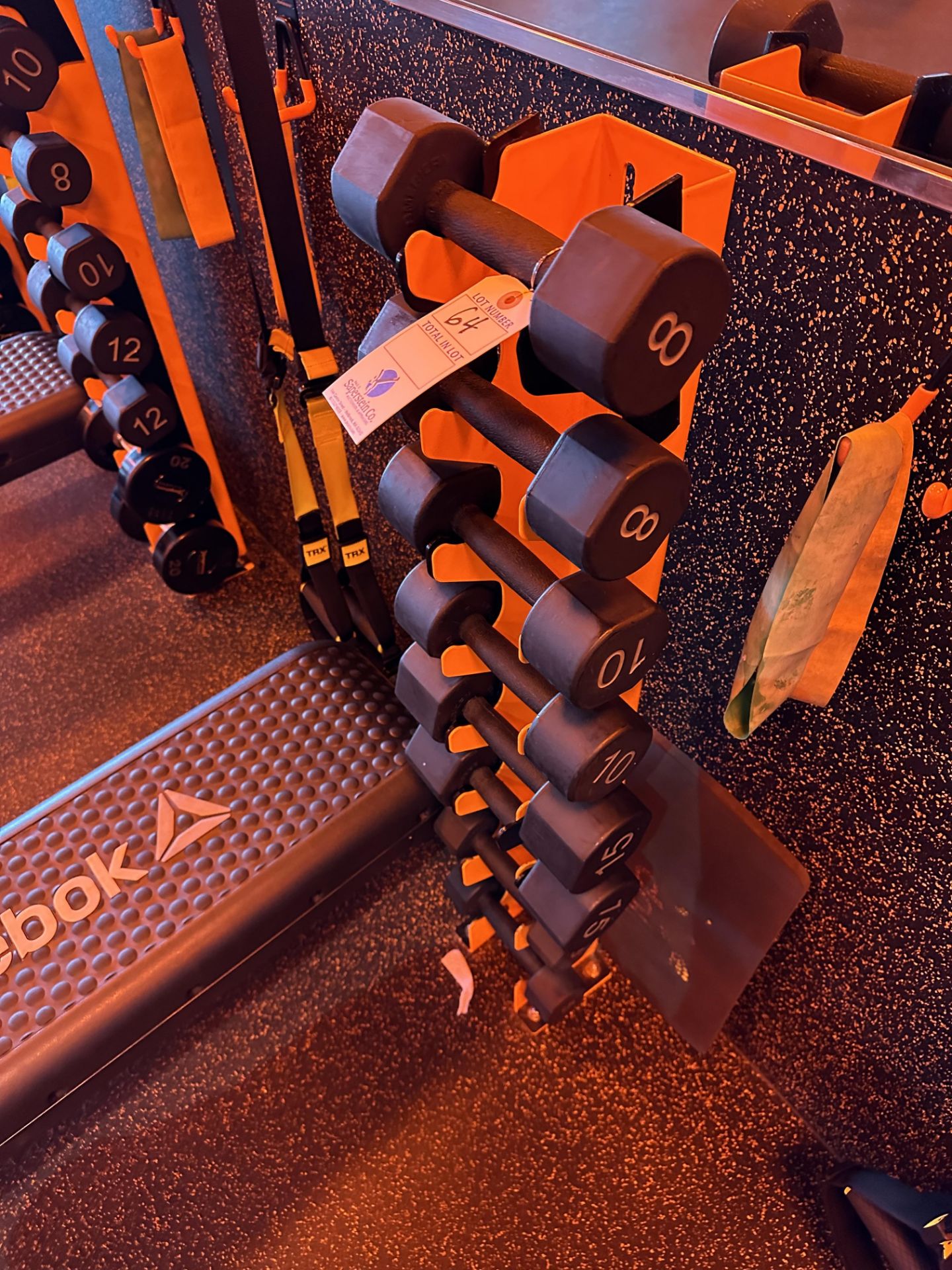 {LOT} American Barbell Weight Set (Pairs of Weights 5, 8, 10 & 15Lb.) w/Weight Tree, Reebok Step - Image 2 of 2