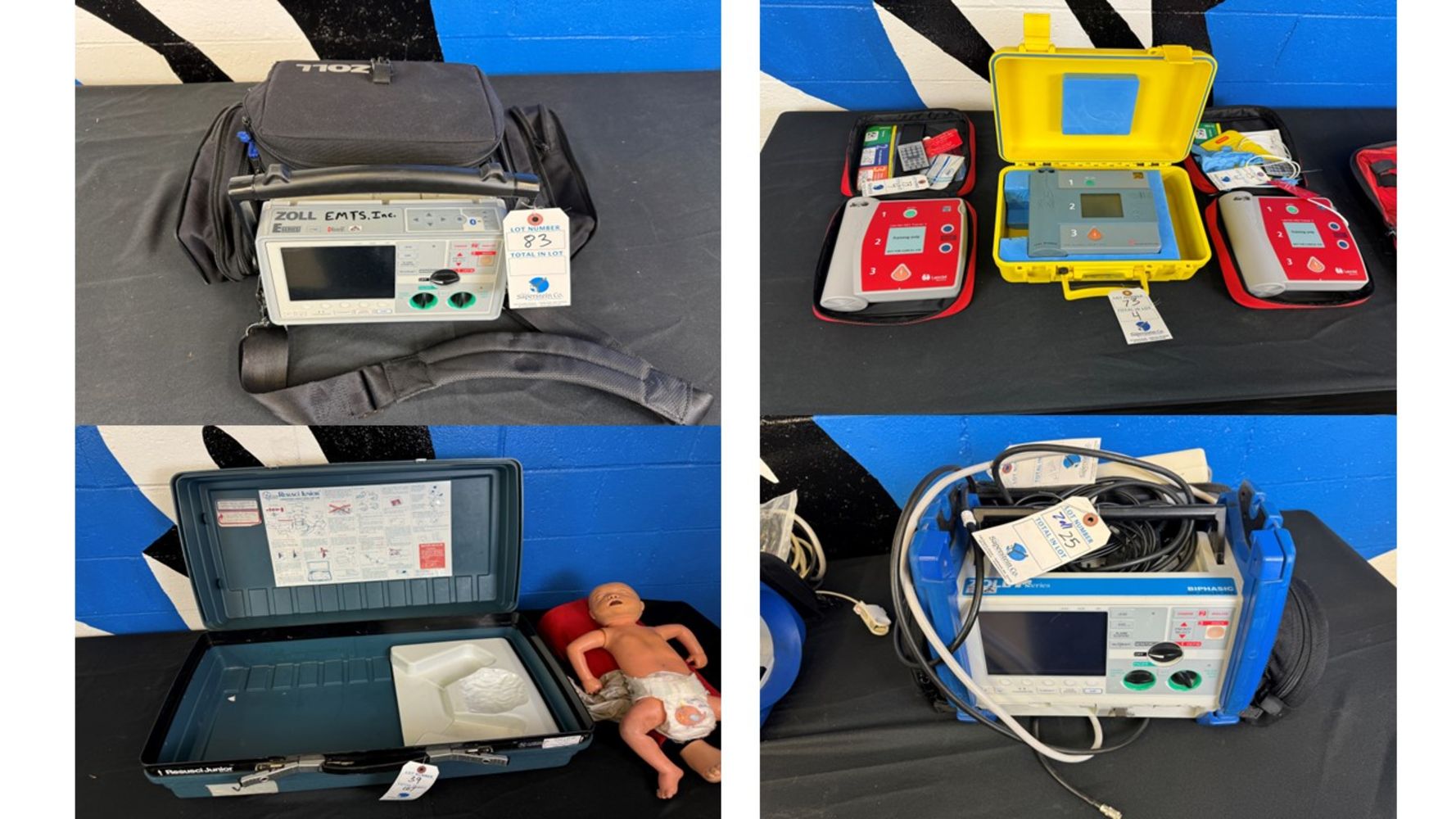 EMERGENCY MEDICAL TRAINING COMPANY - CRISIS MANNEQUINS - (14) DEFIBRILLATORS & TRAINERS - AIRWAY MGMT. TRAINERS - INTUBATION TEACHING MODELS -