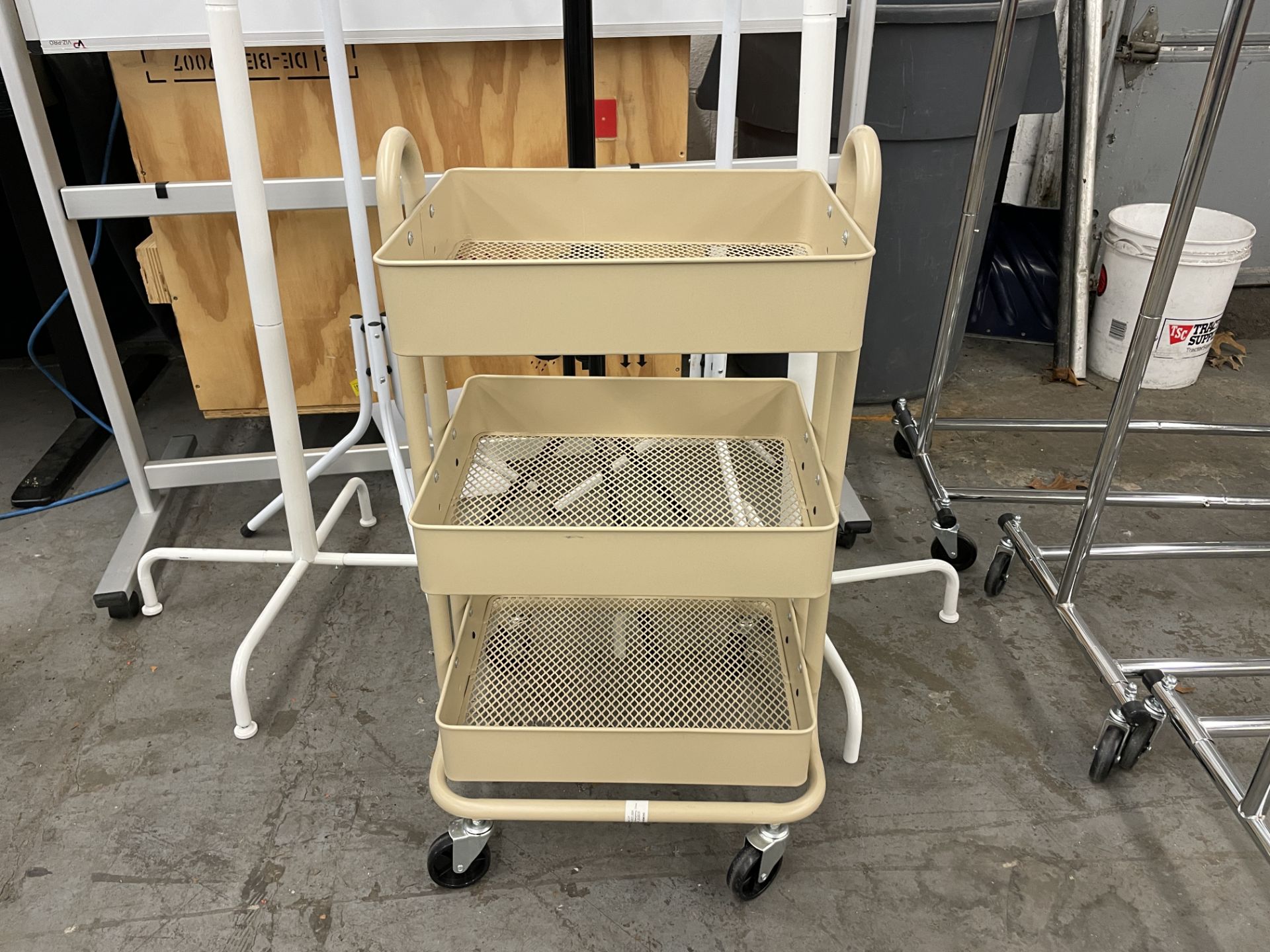 {LOT} (7) Asst. Coat Racks, Cart, and White Board Stand