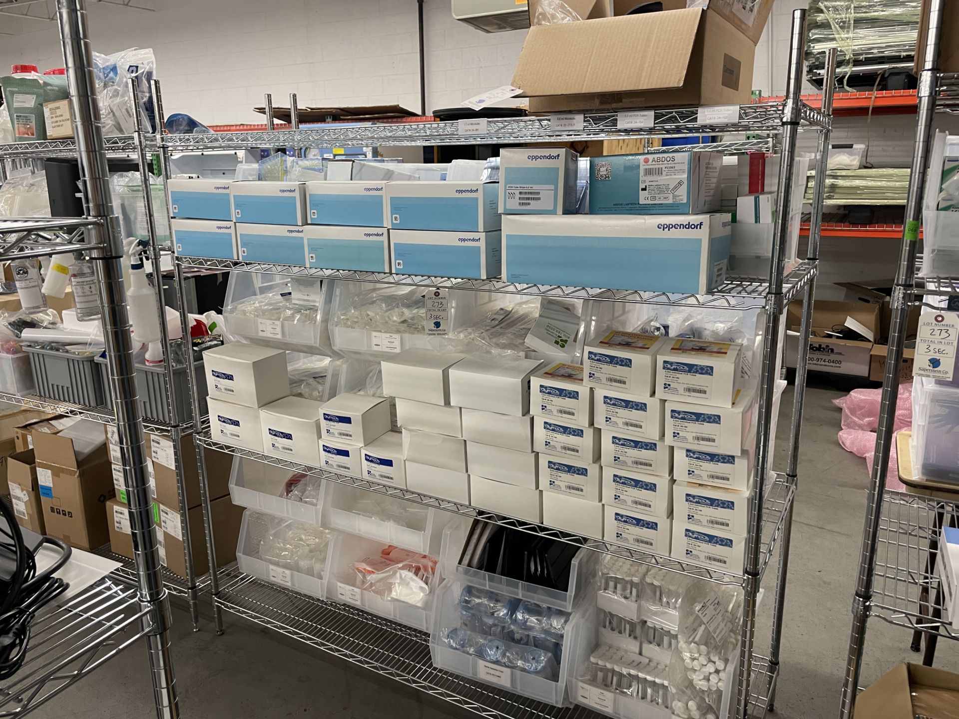 {LOT} Asst Lab Consumables on 1 Section of Erecta Shelving (Shelving Not Included)