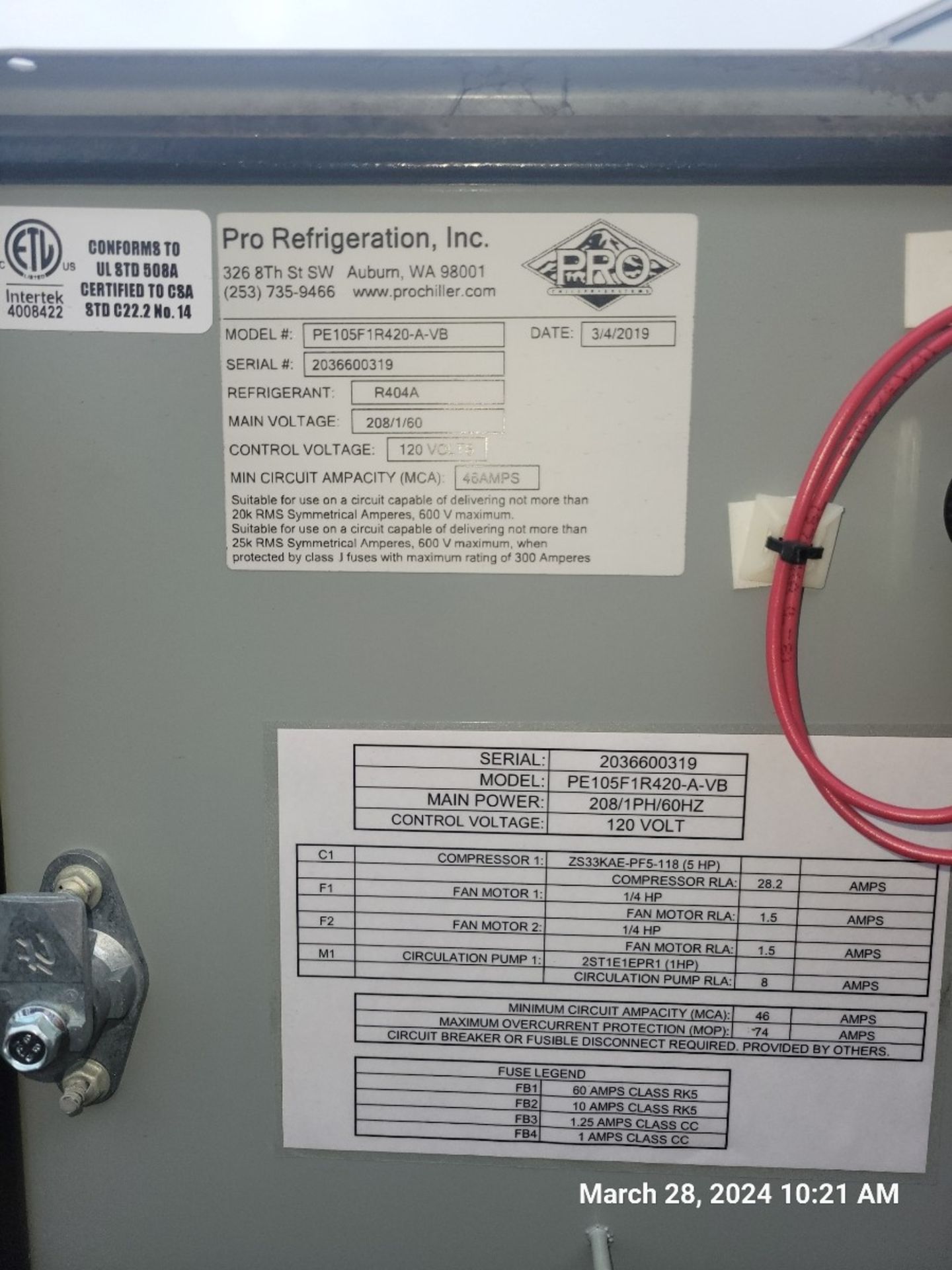 2019 Pro Chilstar Series Refrigeration Chiller Model: PE105F1R420-A-VB, 208V, 60Hz, Refrig: R404A - Image 5 of 5