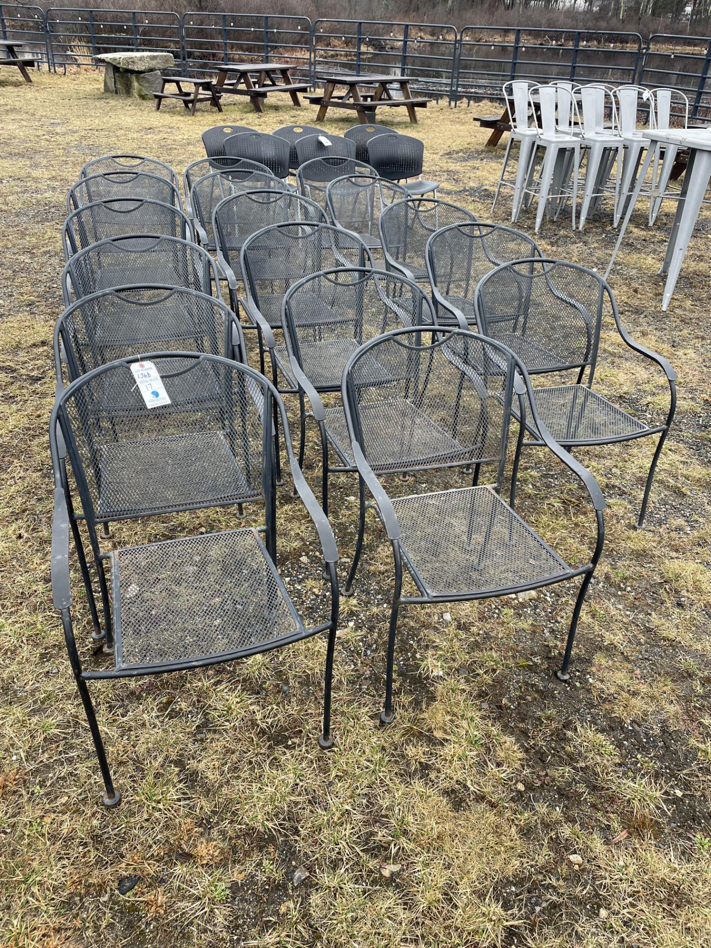 {LOT} (17) Matching Metal Frame w/Metal Mesh Seat & Back Outdoor Dining Chairs