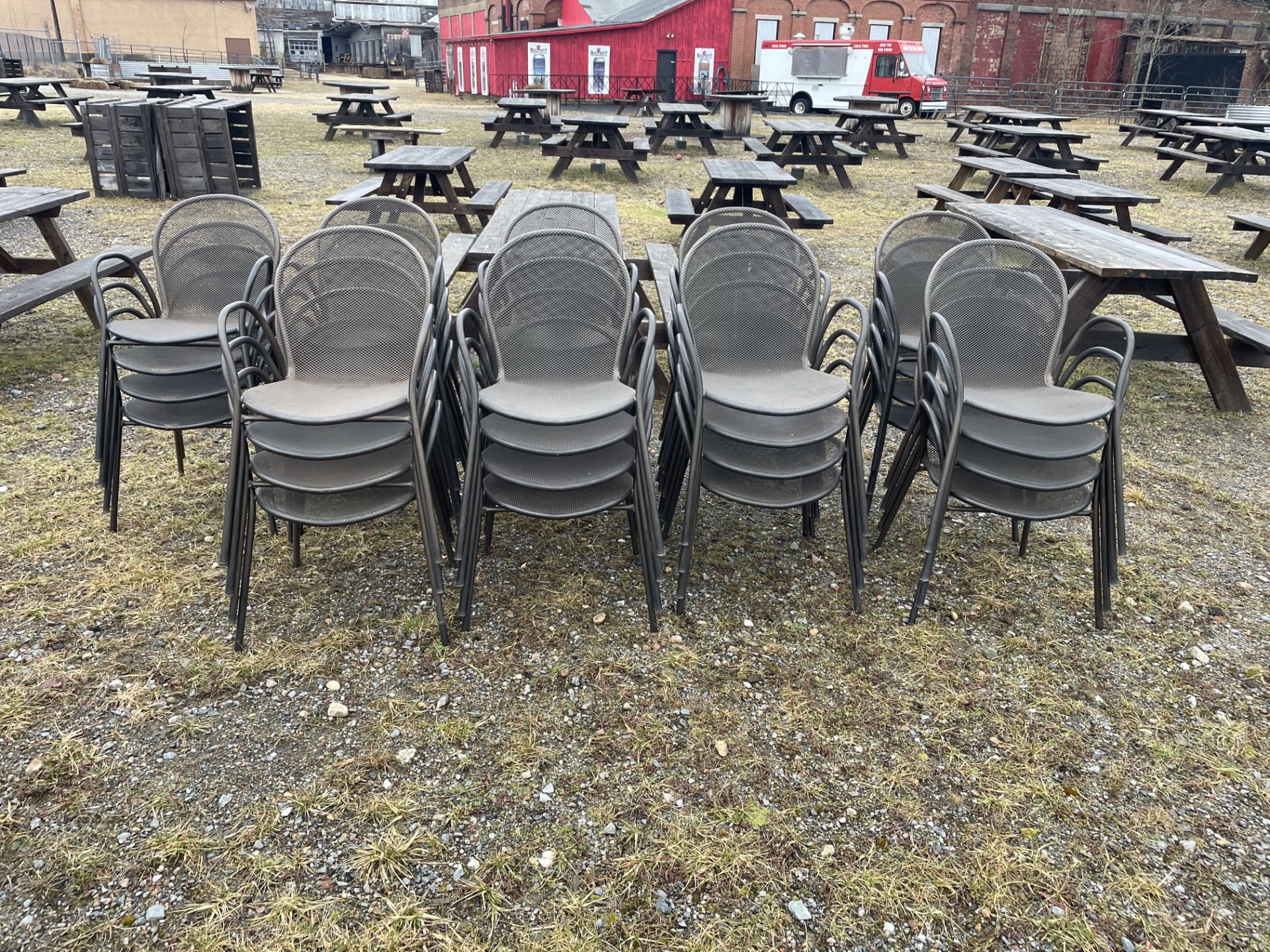 {LOT} (40) Metal Frame Mesh Seat & Back Outdoor Dining Chairs w/(11) Matching Metal Mesh Top Tables( - Image 2 of 3