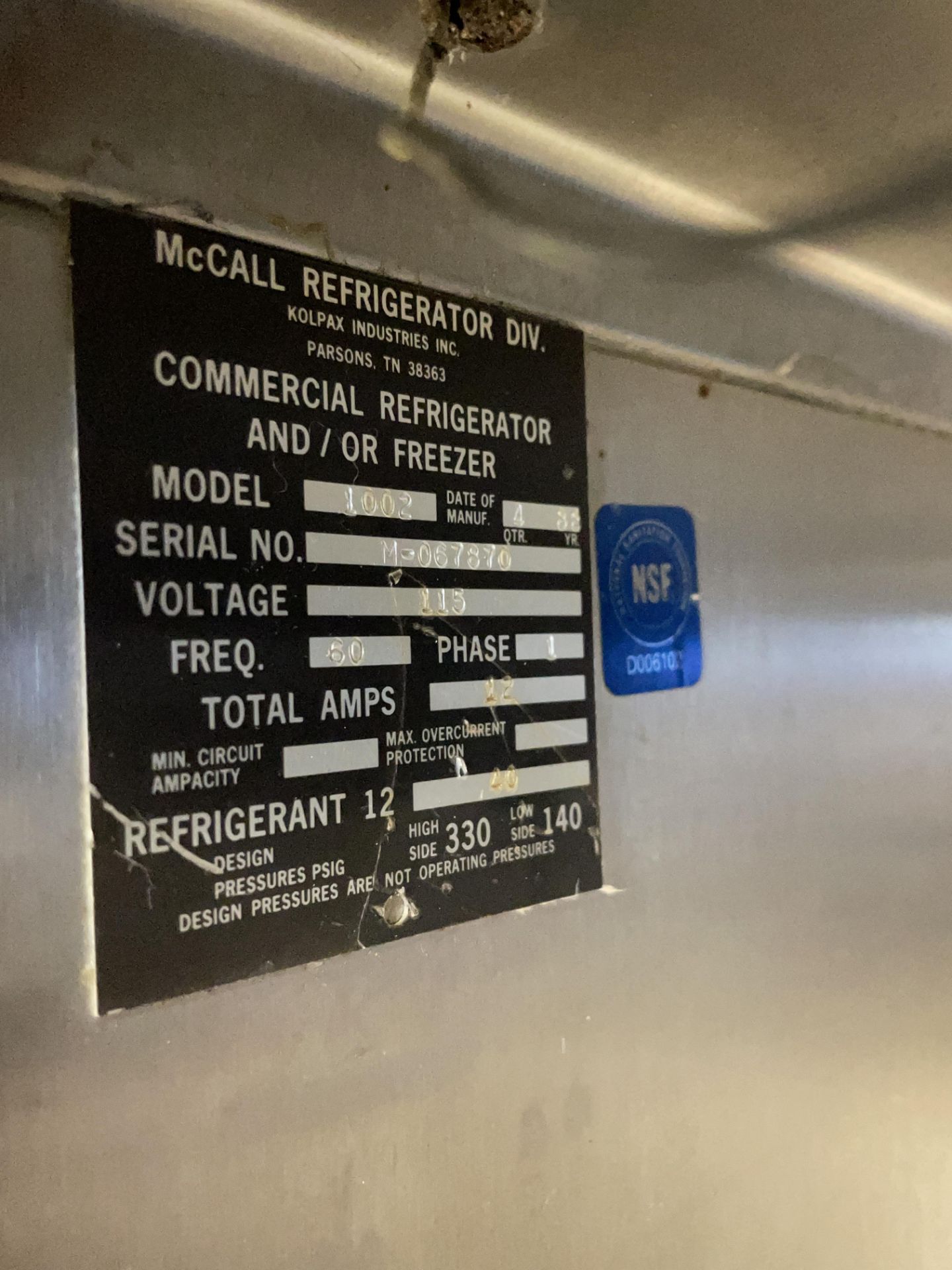 START OF KITCHEN McCall #1002 Double Roll in Commercial Refrigerator/Freezer, Self Contained, - Image 3 of 3