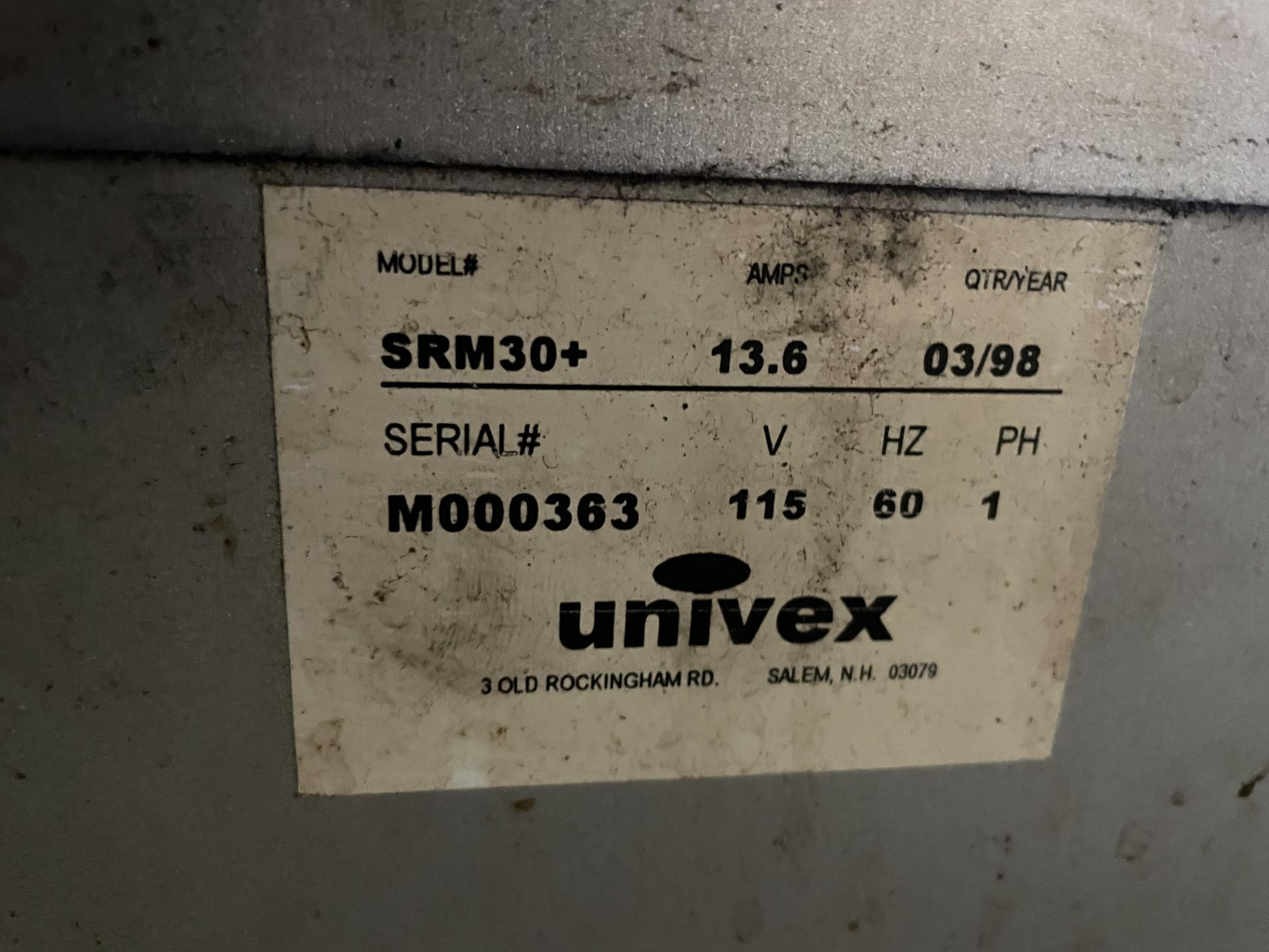 Univex #SRM30+ 30 Quart Mixer w/Guard, (2) Whips, Paddle & Bowl S/N:M000363, 115V, Single Phase - Image 2 of 2