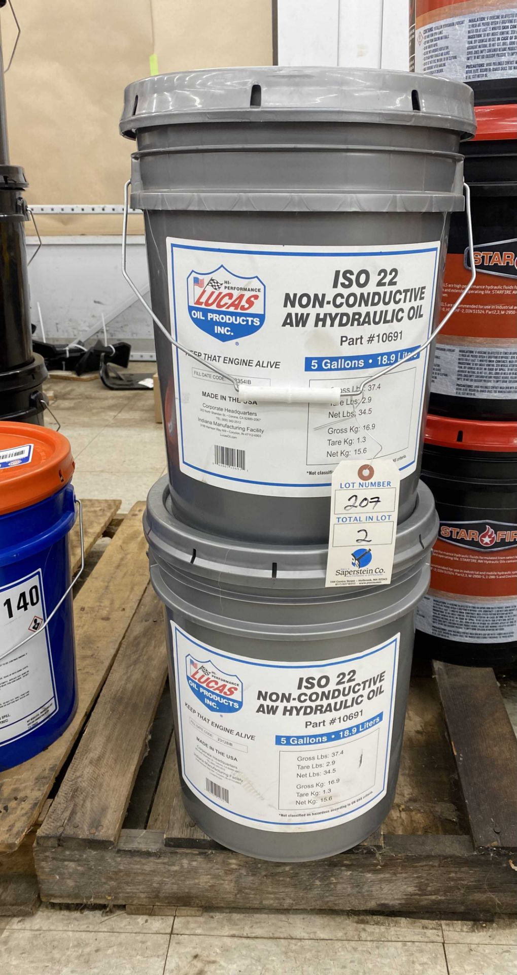 (2) 5 Gallon Pails of Lucas ISO22 Non Conductive Hydraulic Fluid Being Sold By The Pail