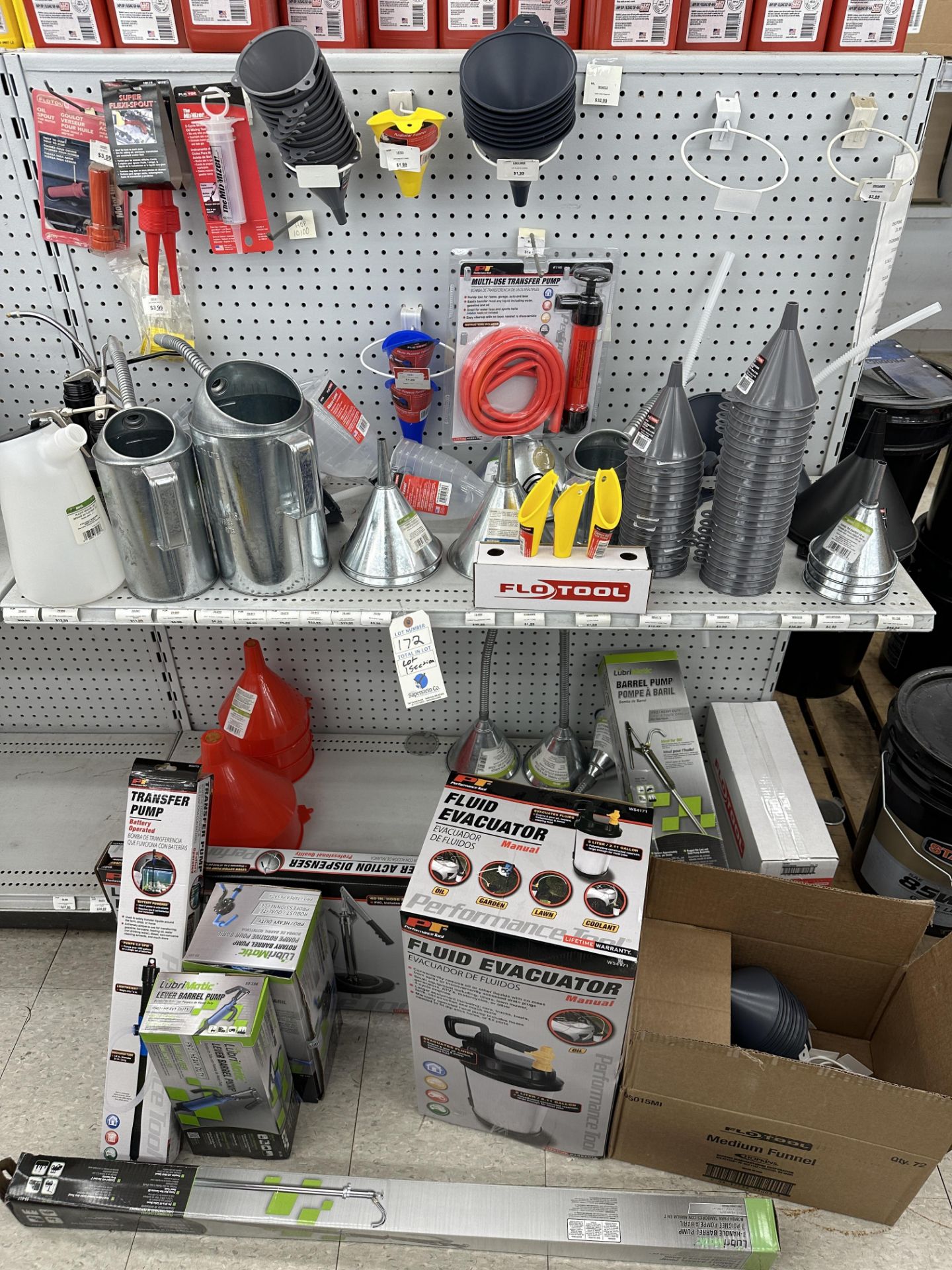 {LOT} Funnels, Fluid Evacuators, Tips, Oiler Cans, Transfer Pumps Barrel Dispensers on 1 Section