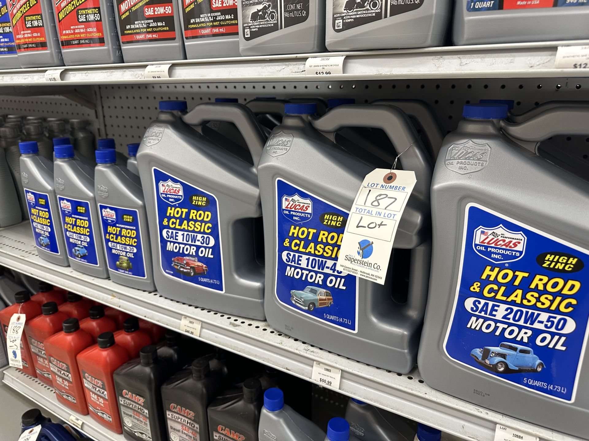 {LOT} 7 Gallon & 6 Quart Lucas Hot Rod & Classic Motor Oil 10W-30, 10W-40 & 20W-50 (BEING SOLD BY