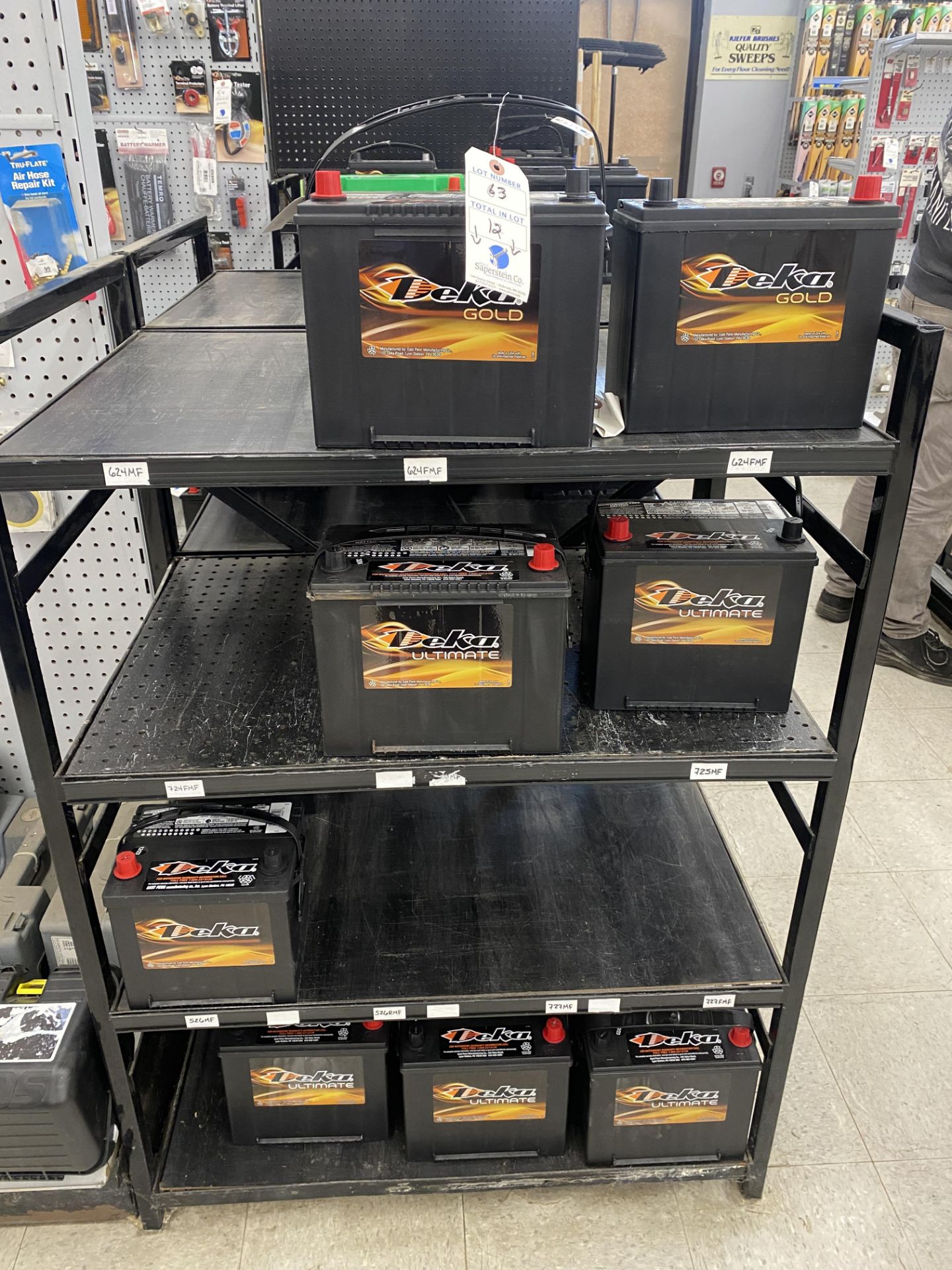 {LOT} (12) Asst. Deka Automotive 12v Batteries w/ Rack