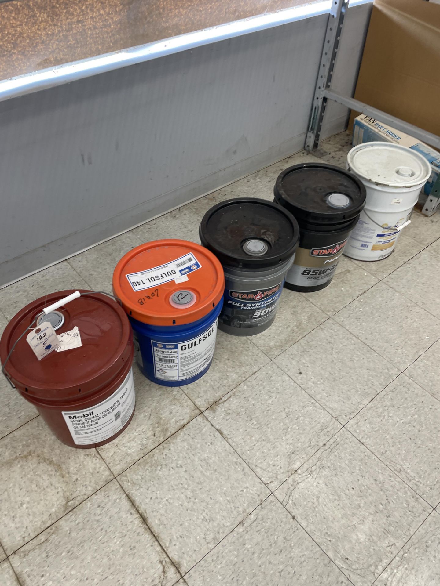 {LOT} (5) Asst. 5 Gallon Buckets of Mobil 1540, Gulf 140, Starfire 50 Weight Transmission Fluid, - Image 2 of 14