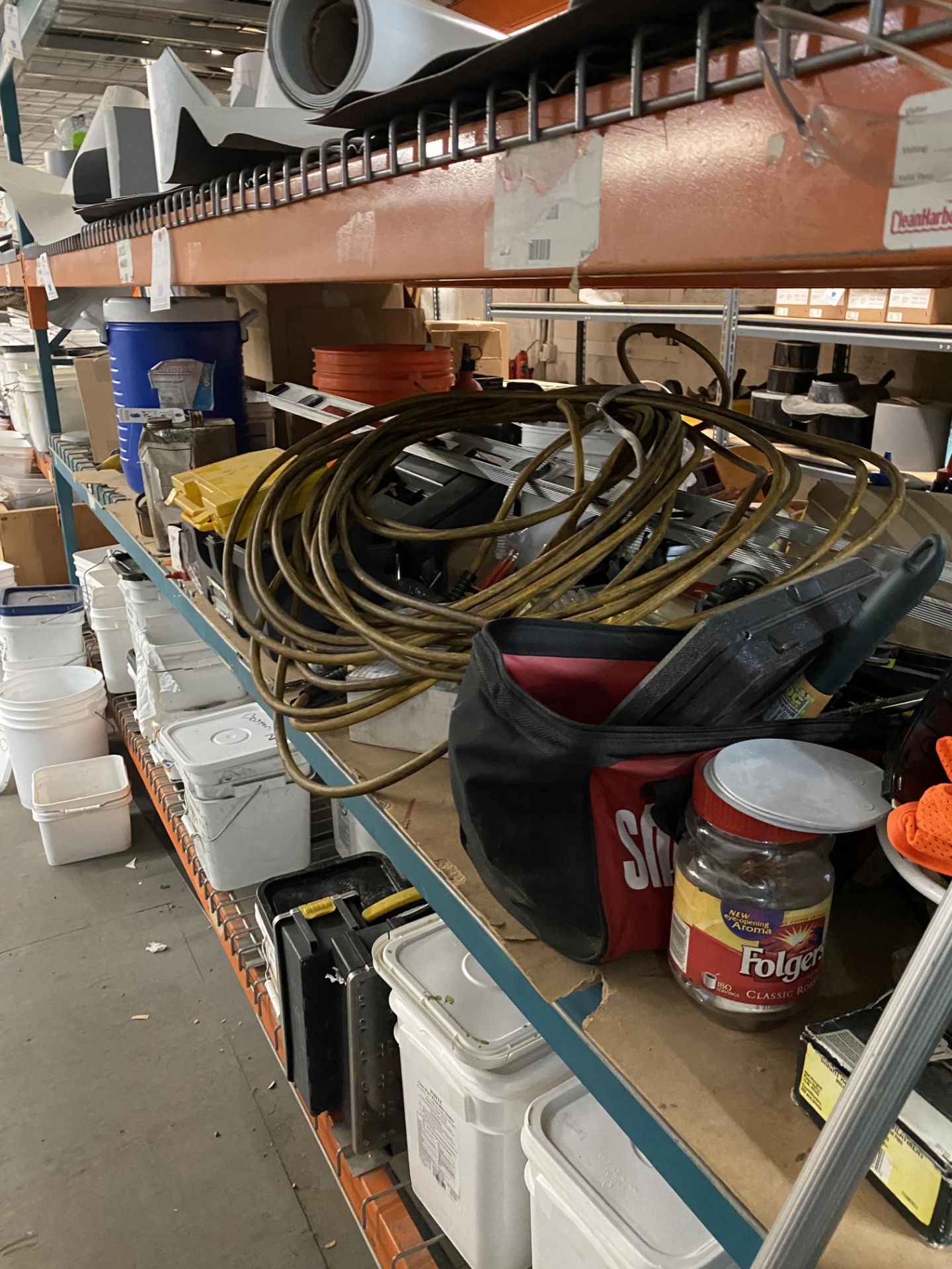 (Lot) Asst. Tools, Solvents, Lights, Tool Bags, Hard Hats On 1 Shelf ( Inspection Urged )
