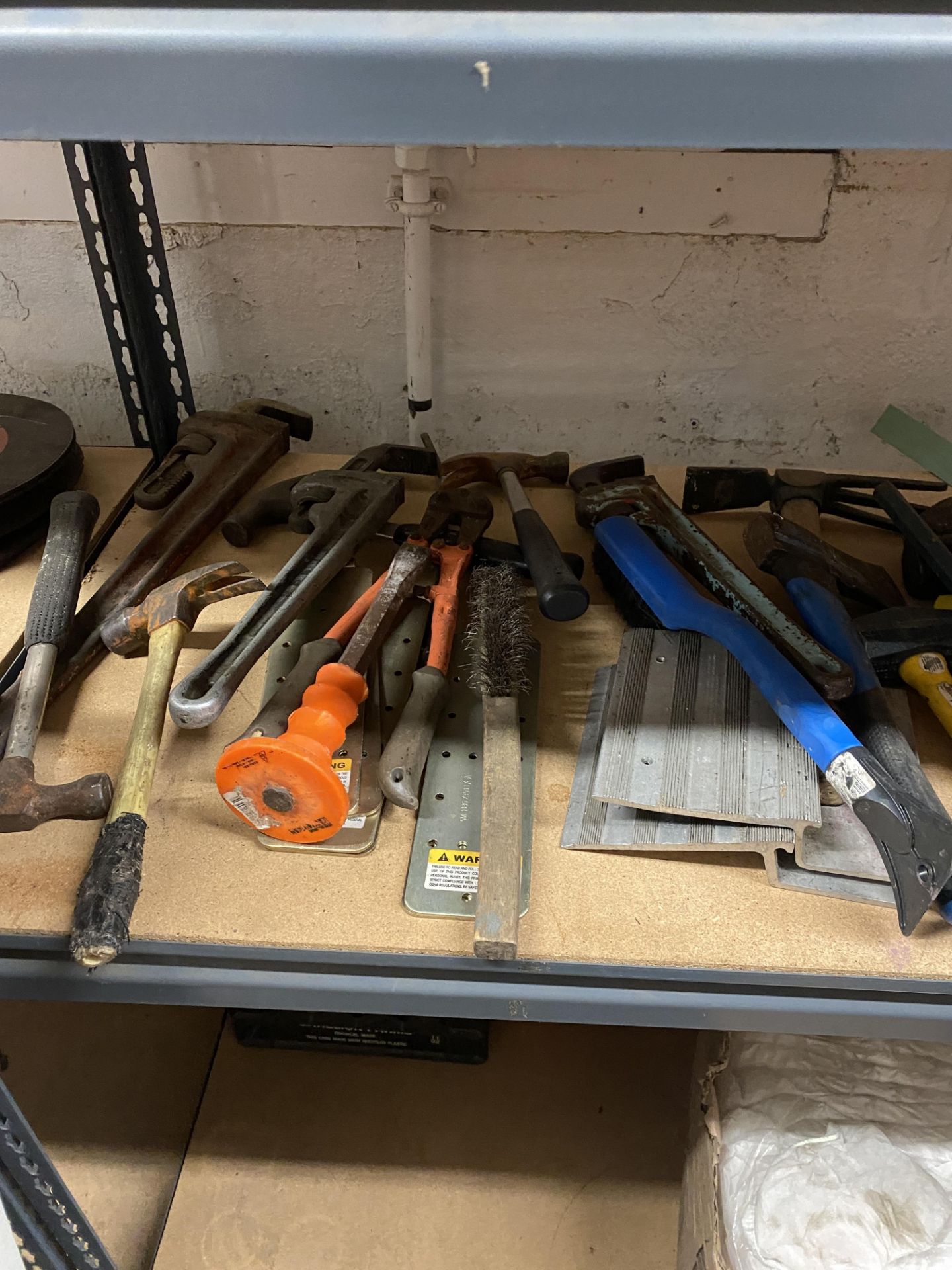 (Lot) Hand Tools C/o: Hammers Wrenches, Saws on 1 Shelf