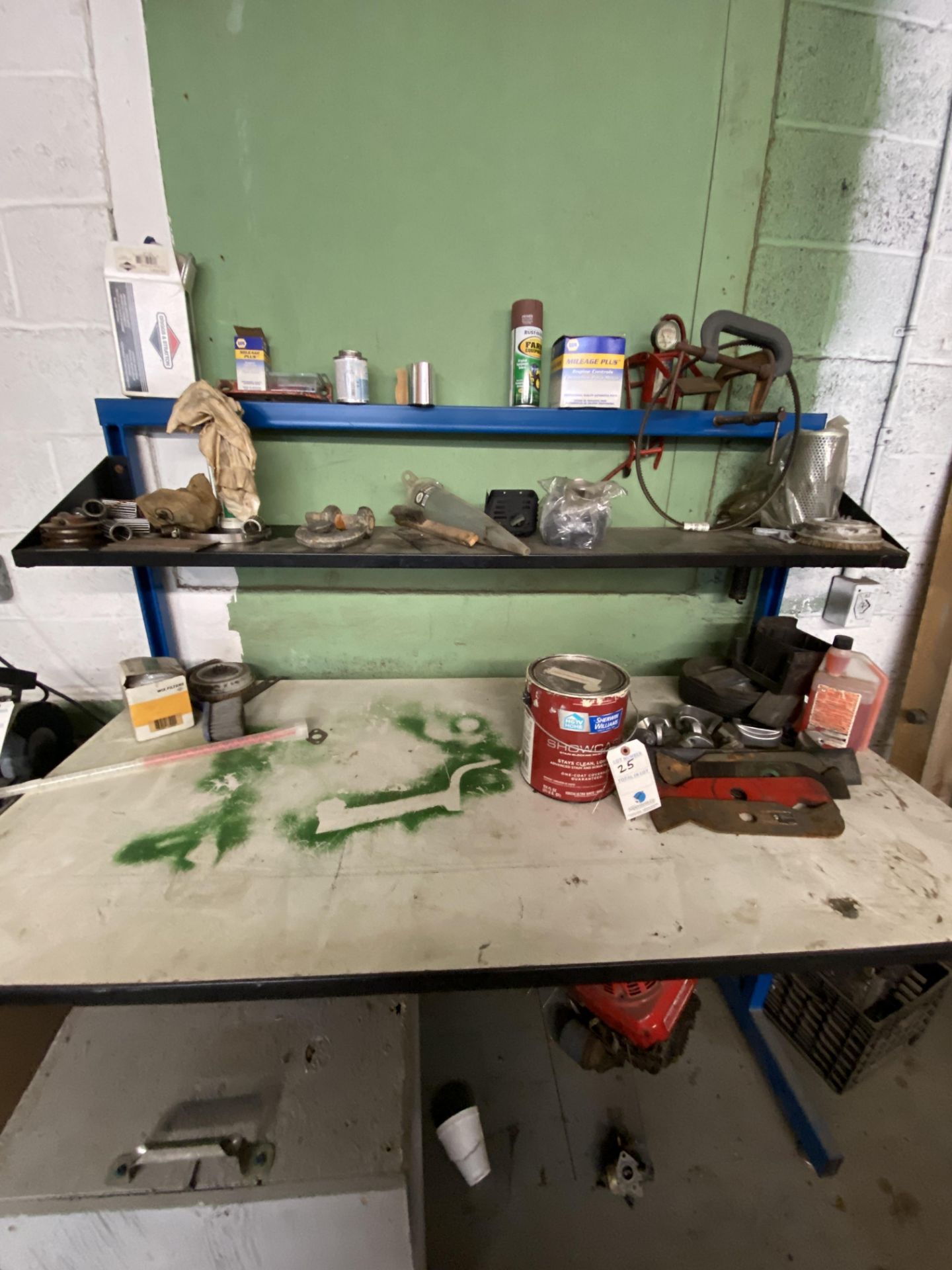 Work Bench w/ Contents, Shackle, Brush, Funnel, Table.