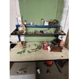 Work Bench w/ Contents, Shackle, Brush, Funnel, Table.