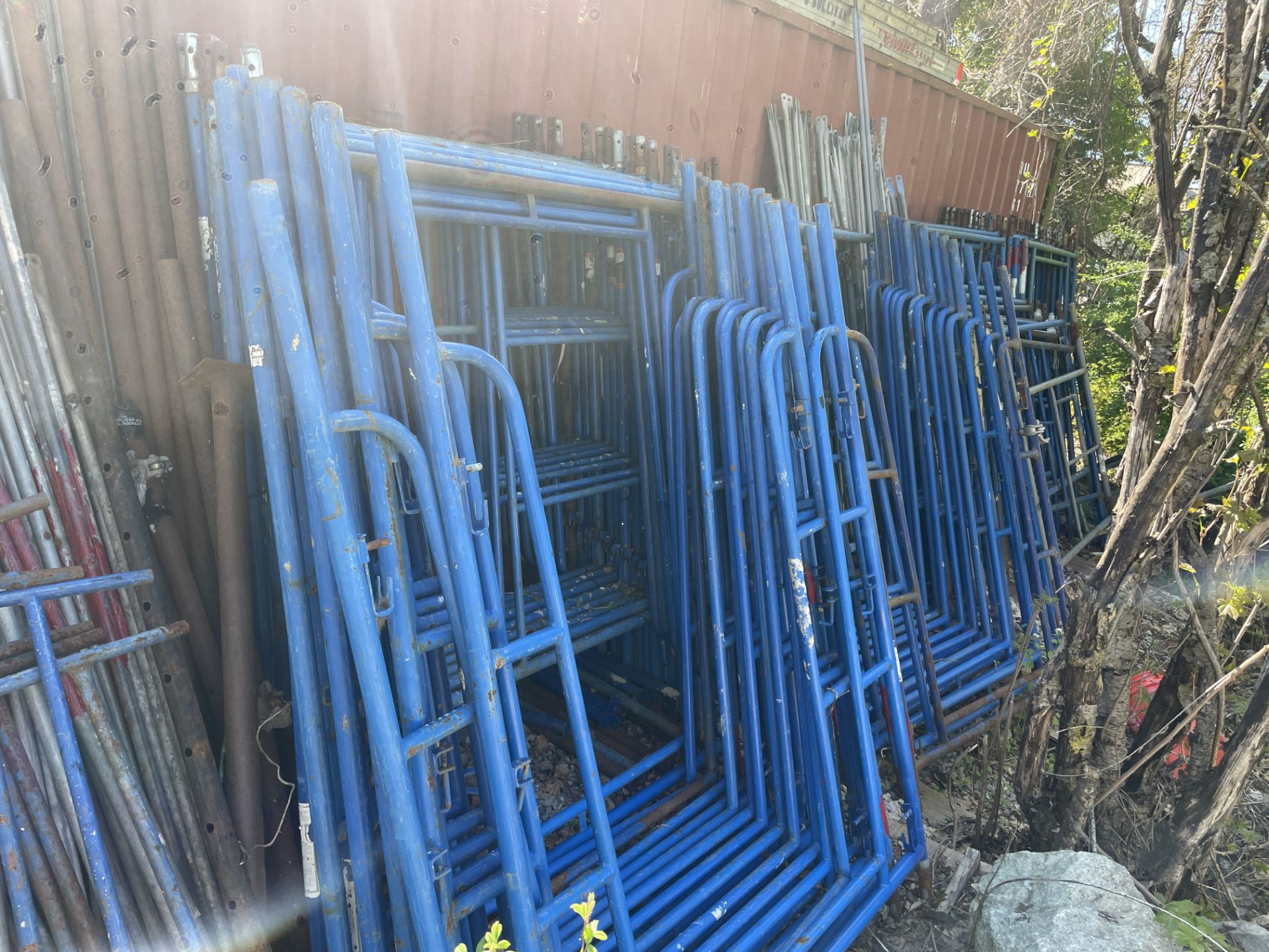 (Lot) Large Qty. Asst. Scaffolding Uprights, Frames, Brackets, High/Low Lifts w/ Walk Boards (No