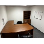 {LOT} L-Desk, Cabinet, 2 Chairs